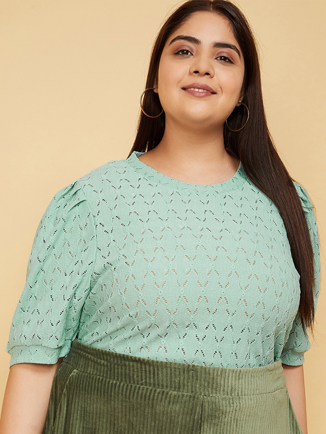 

max Plus Size Self Design Puff Sleeves Top, Green