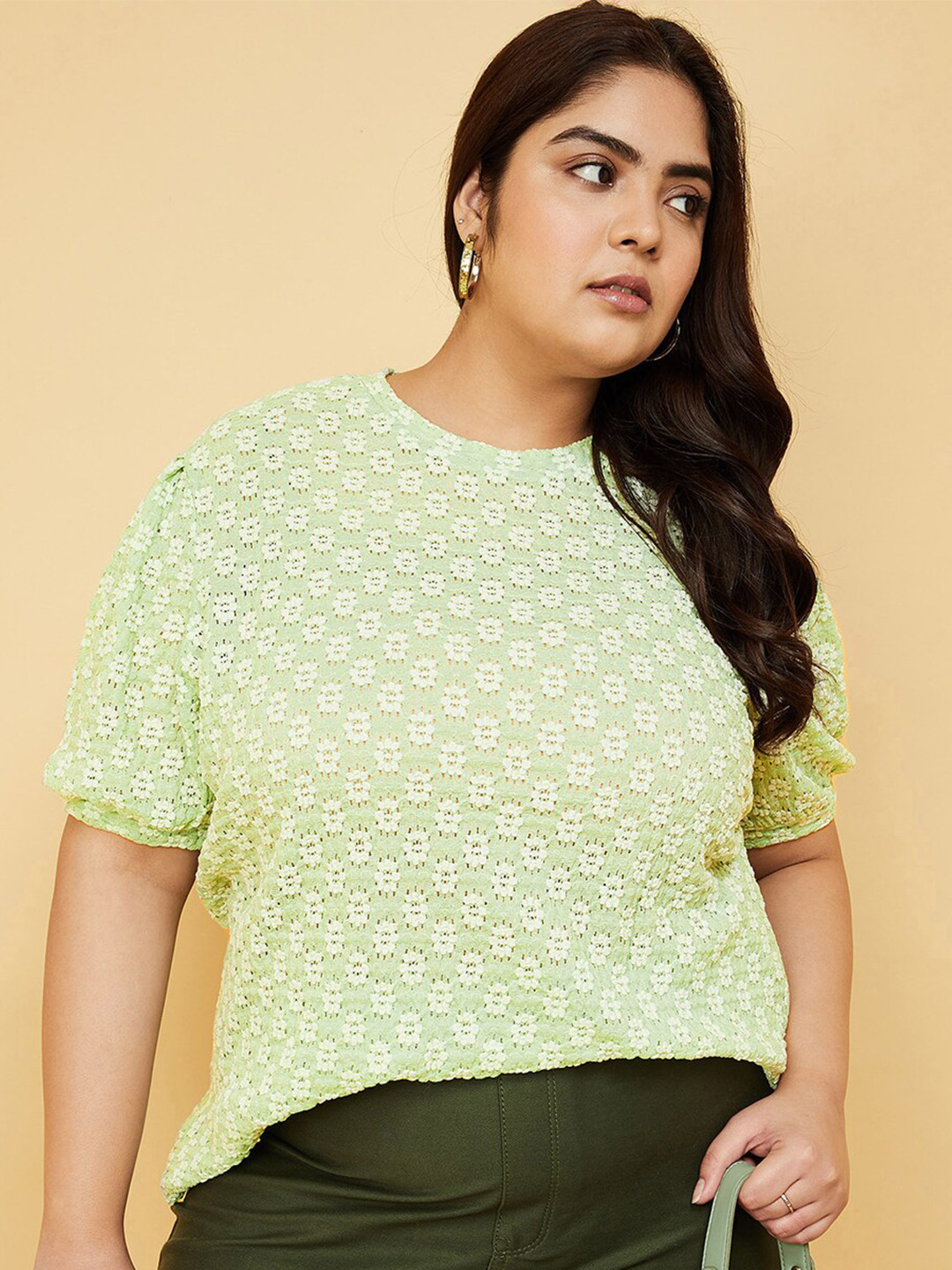 

max Plus Size Self Design Puff Sleeve Top, Green