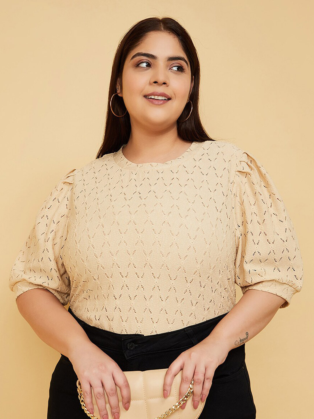 

max Plus Size Self Design Puff Sleeve Top, Beige