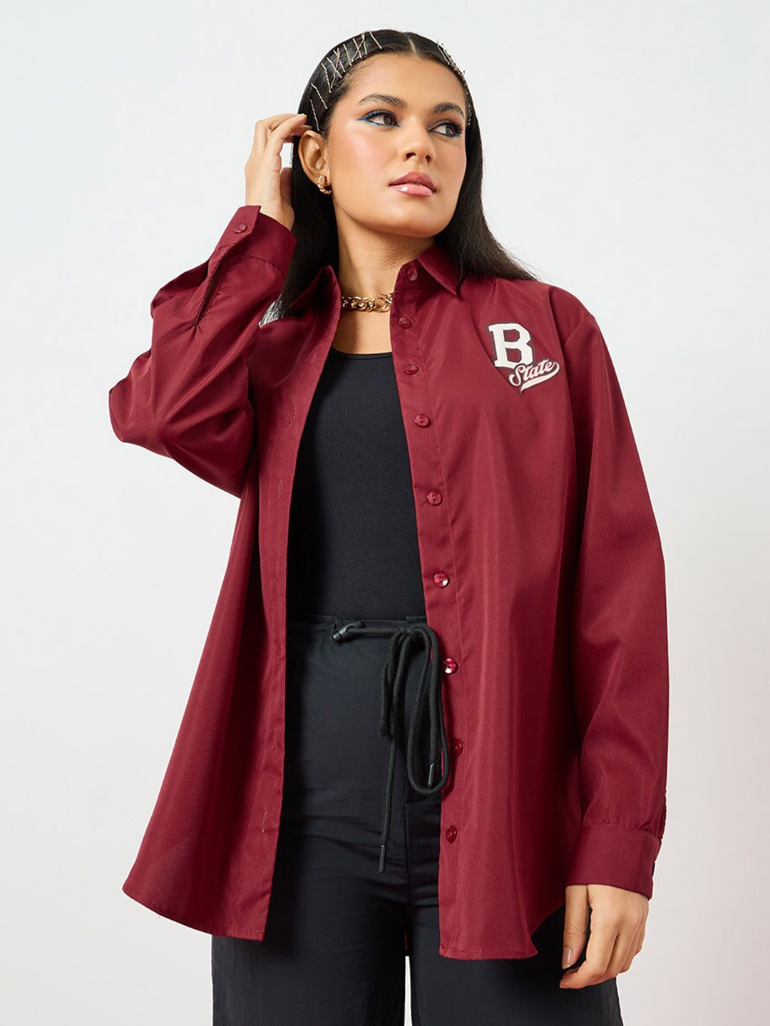 

Styli Oversized Opaque Longline Casual Shirt, Burgundy