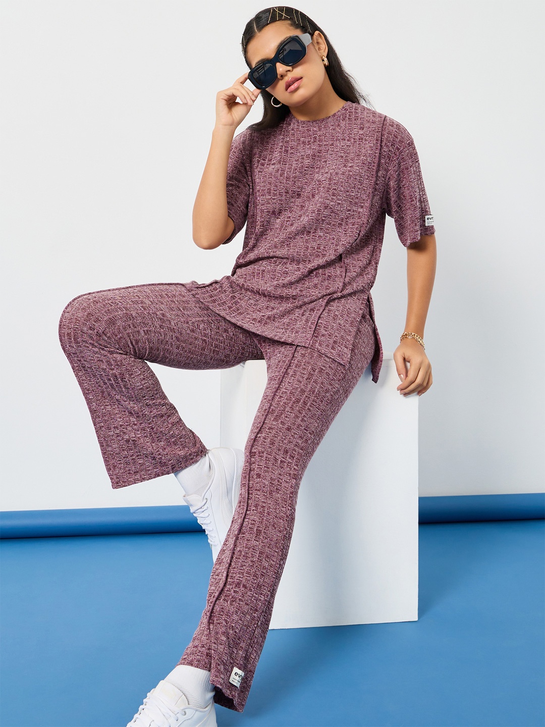 Styli Oversized Drop Shoulder T-shirt and Flared Pant Set, Purple