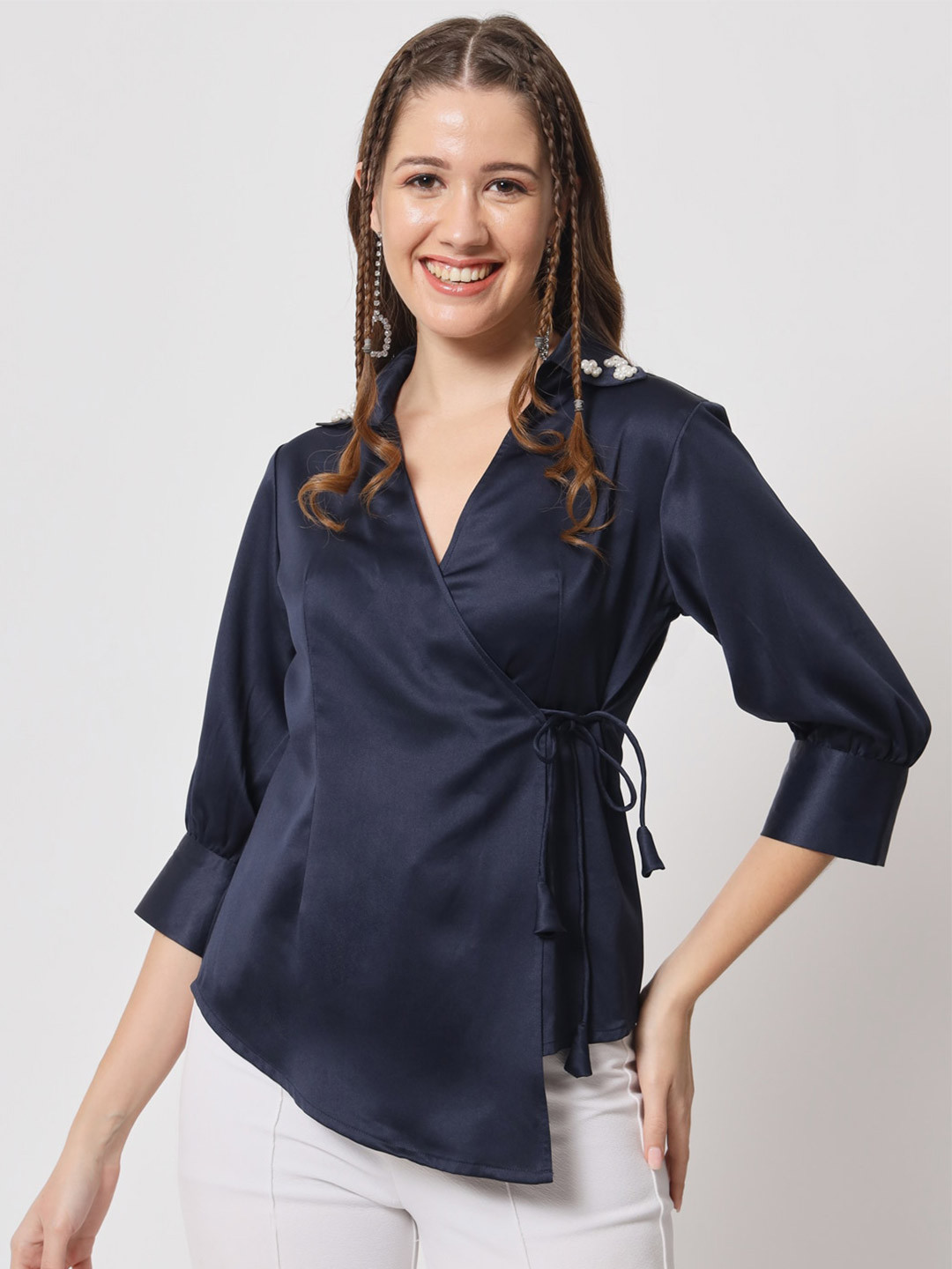 

angloindu V-Neck Cuff Sleeves Wrap Top, Navy blue