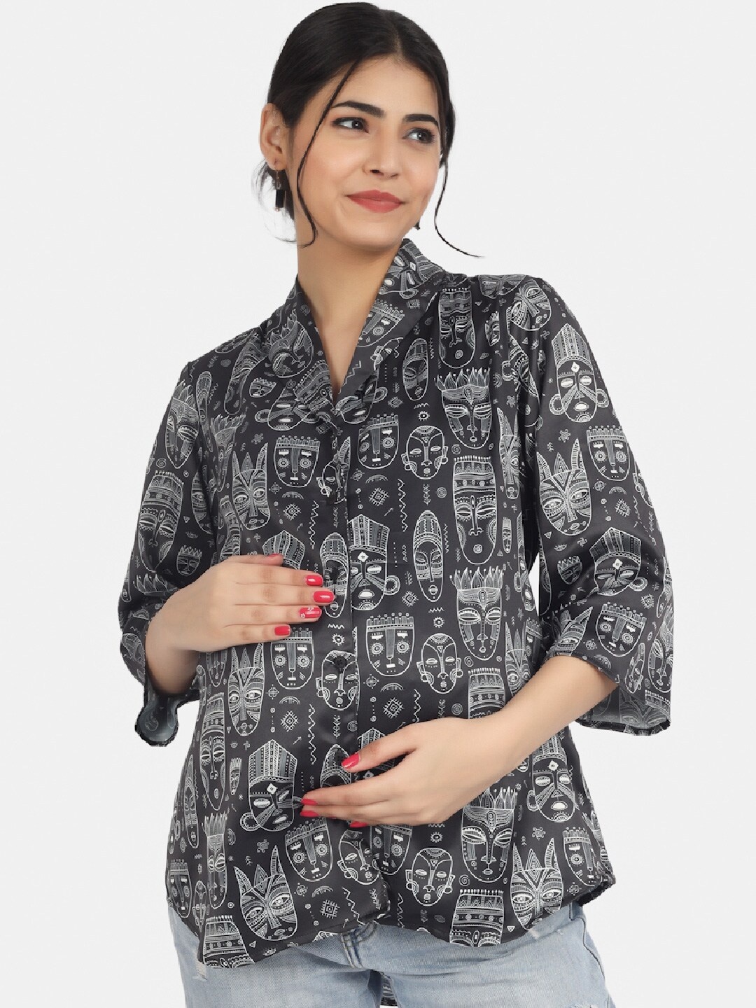 

angloindu Ethnic Motifs Printed Maternity Shirt Style Top, Black