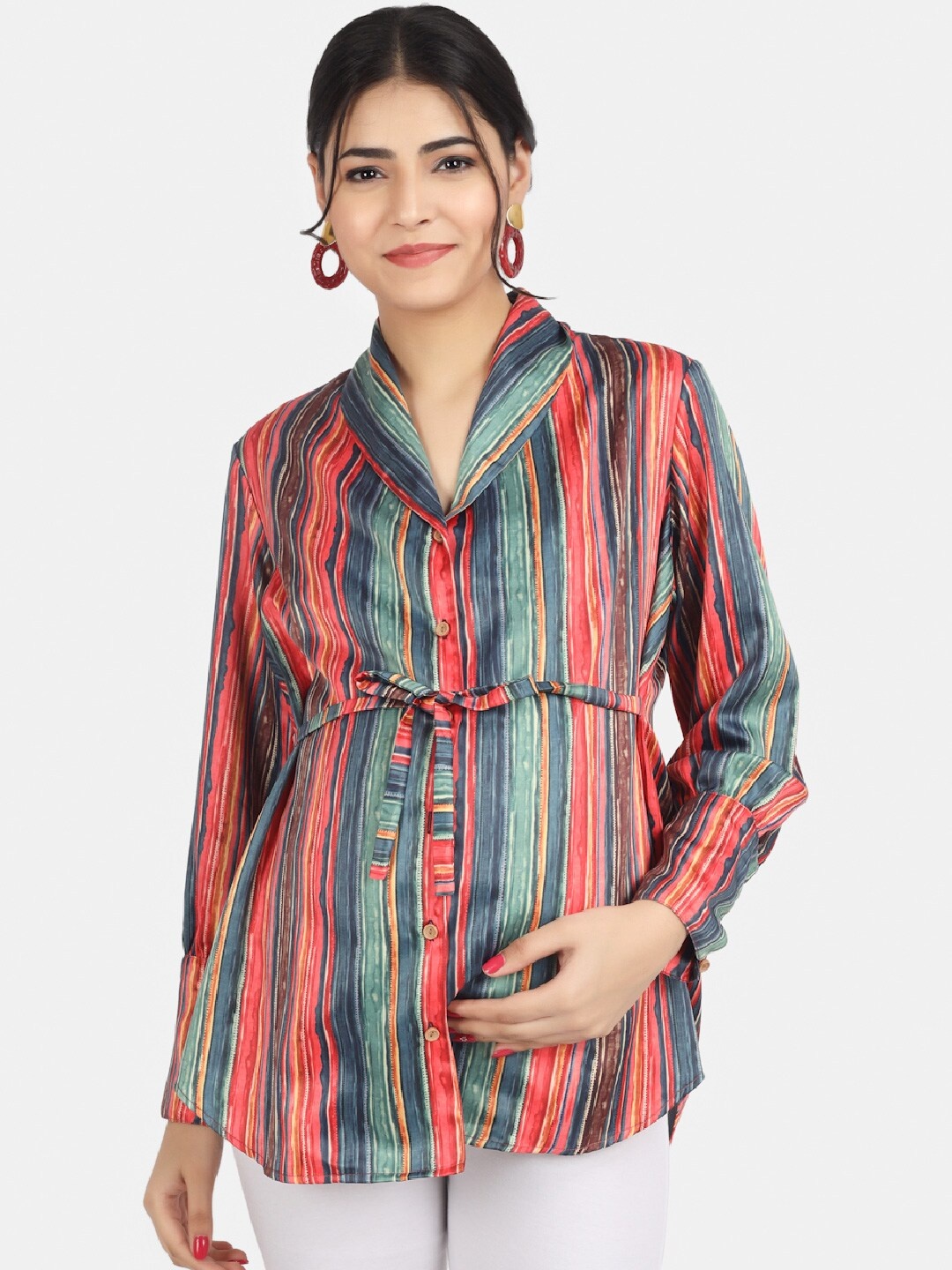 

angloindu Striped Shawl Collar Maternity Shirt Style Top, Red