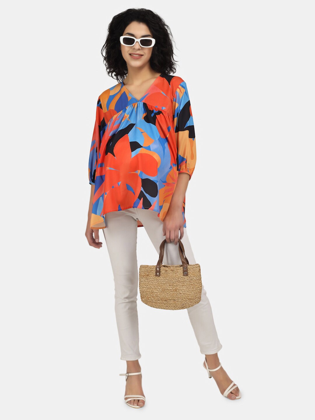 

angloindu Tropical Printed Puff Sleeve Maternity Top, Orange