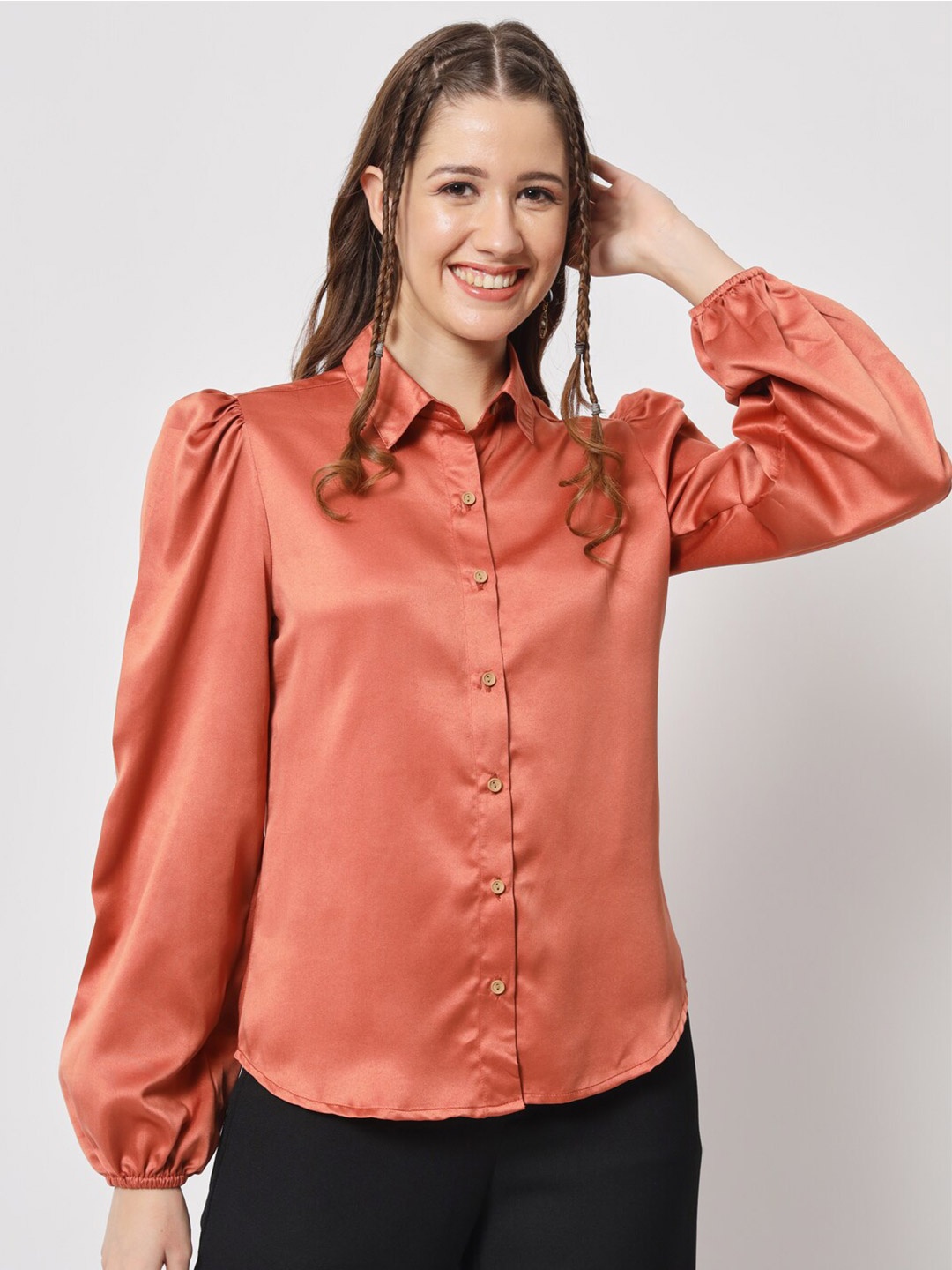 

angloindu Puff Sleeves Shirt Style Top, Rust