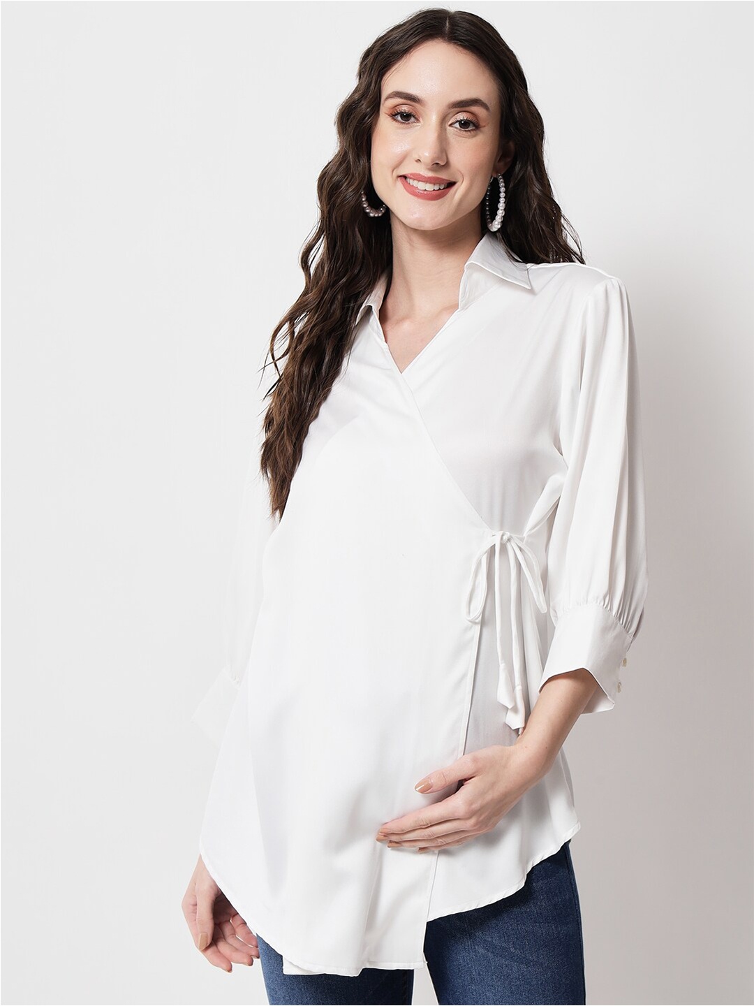 

angloindu Cuff Sleeves Shirt Collar Maternity Wrap Top, White