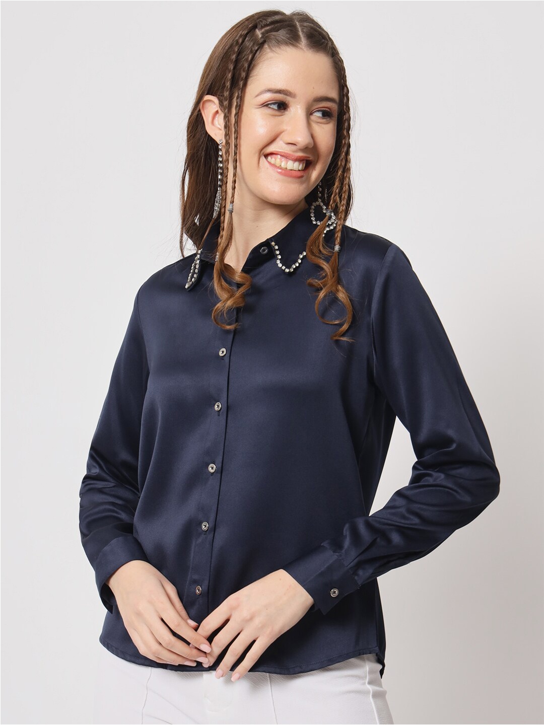 

angloindu Colourblocked Embellished Casual Shirt, Navy blue