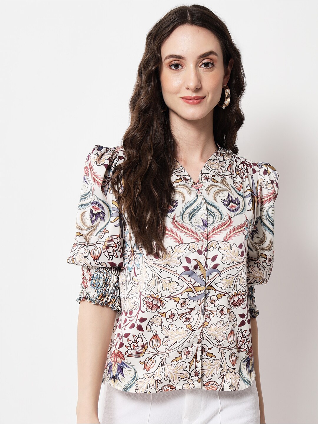 

angloindu Floral Printed Smocked Puff Sleeves Shirt Style Top, Off white