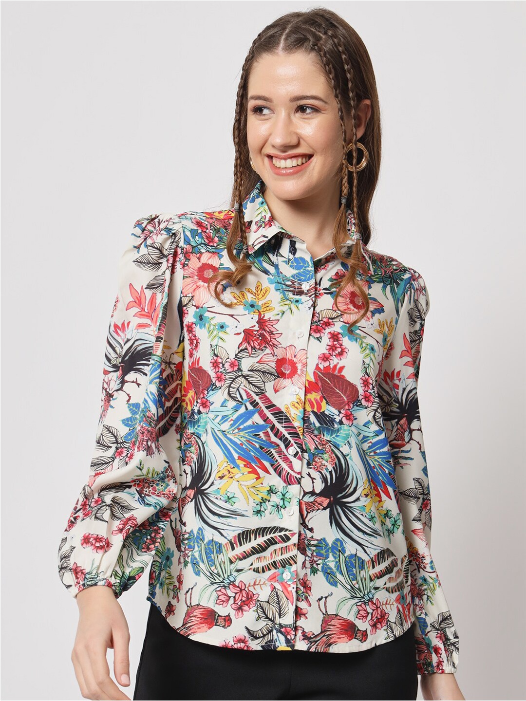 

angloindu Floral Printed Puff Sleeves Shirt Style Top, White