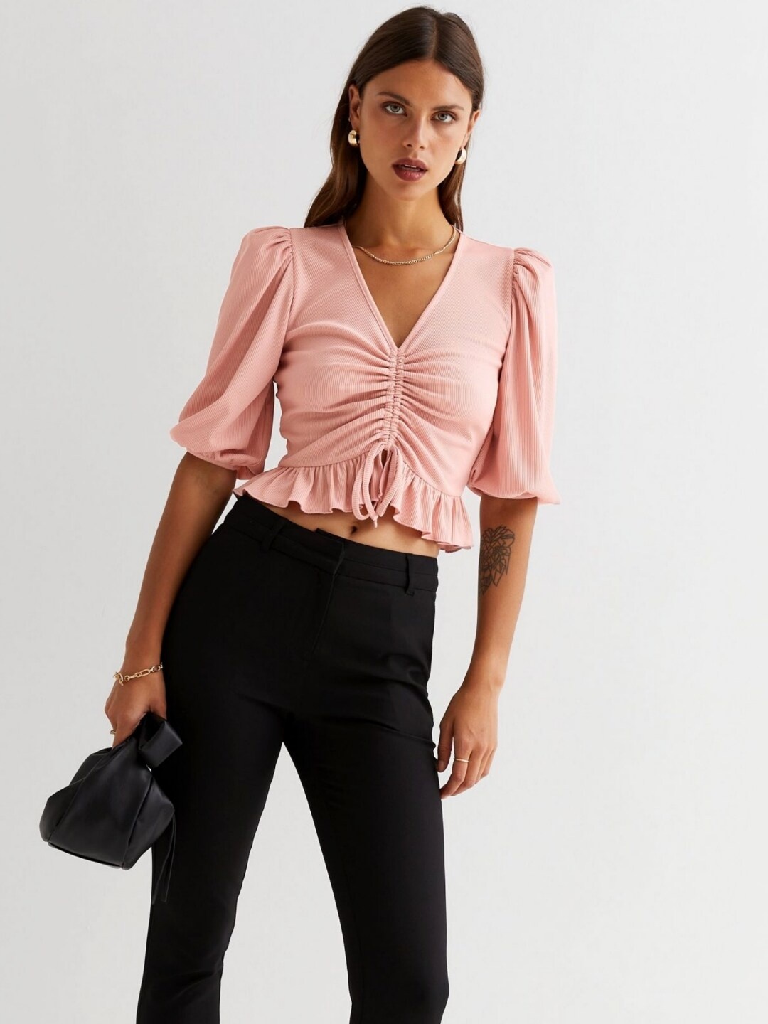 

SIGHTBOMB Ruched Puff Sleeves Cotton Crop Top, Pink