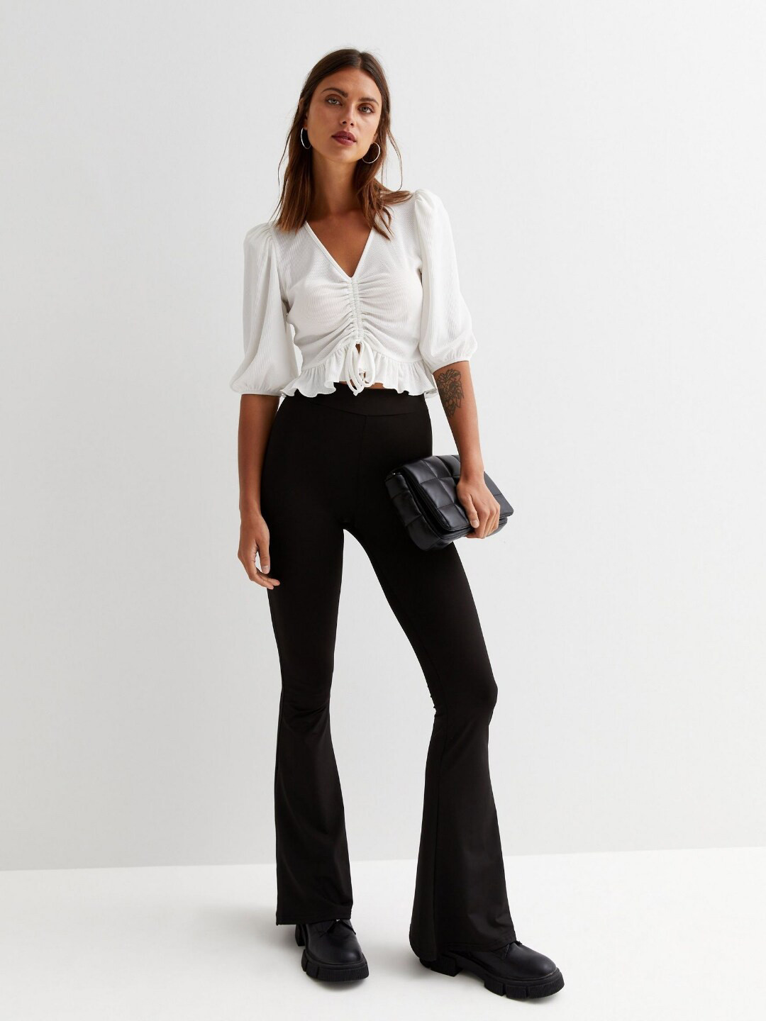 

SIGHTBOMB Ruched Puff Sleeves Cotton Crop Top, White