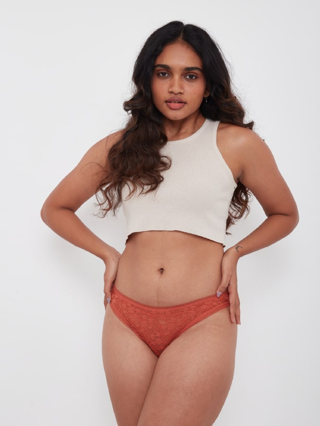 

Big Little Lemons Self Design Lace Thongs Briefs, Rust
