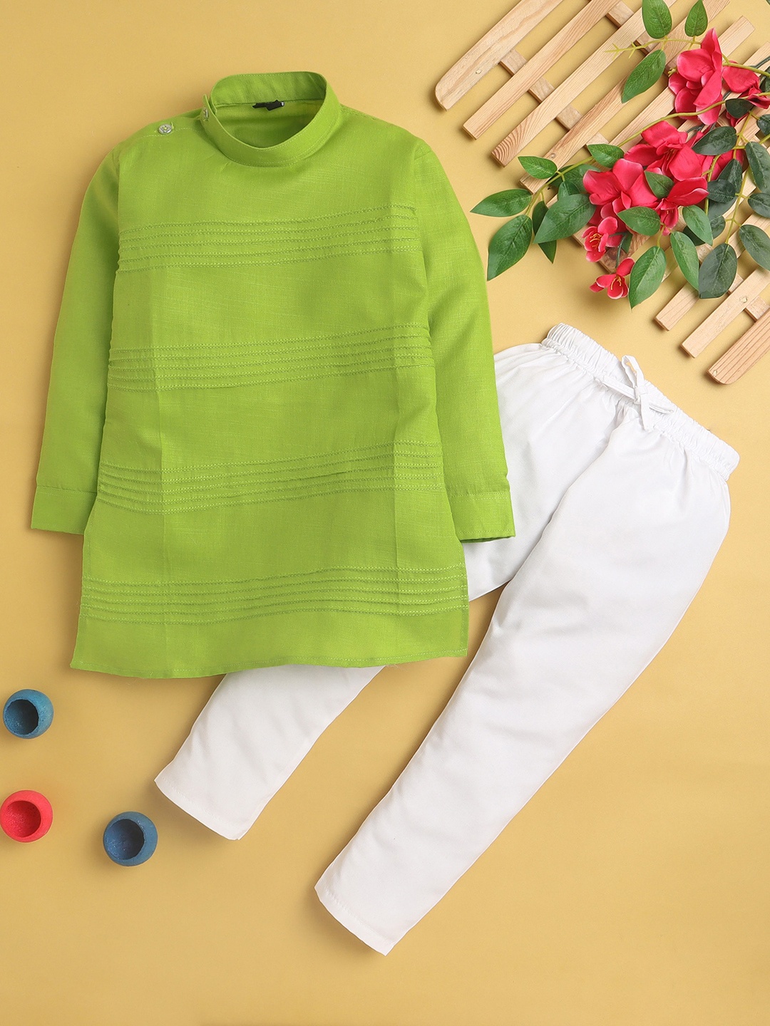 

BAESD Boys Band Collar Straight Kurta with Pyjamas, Green