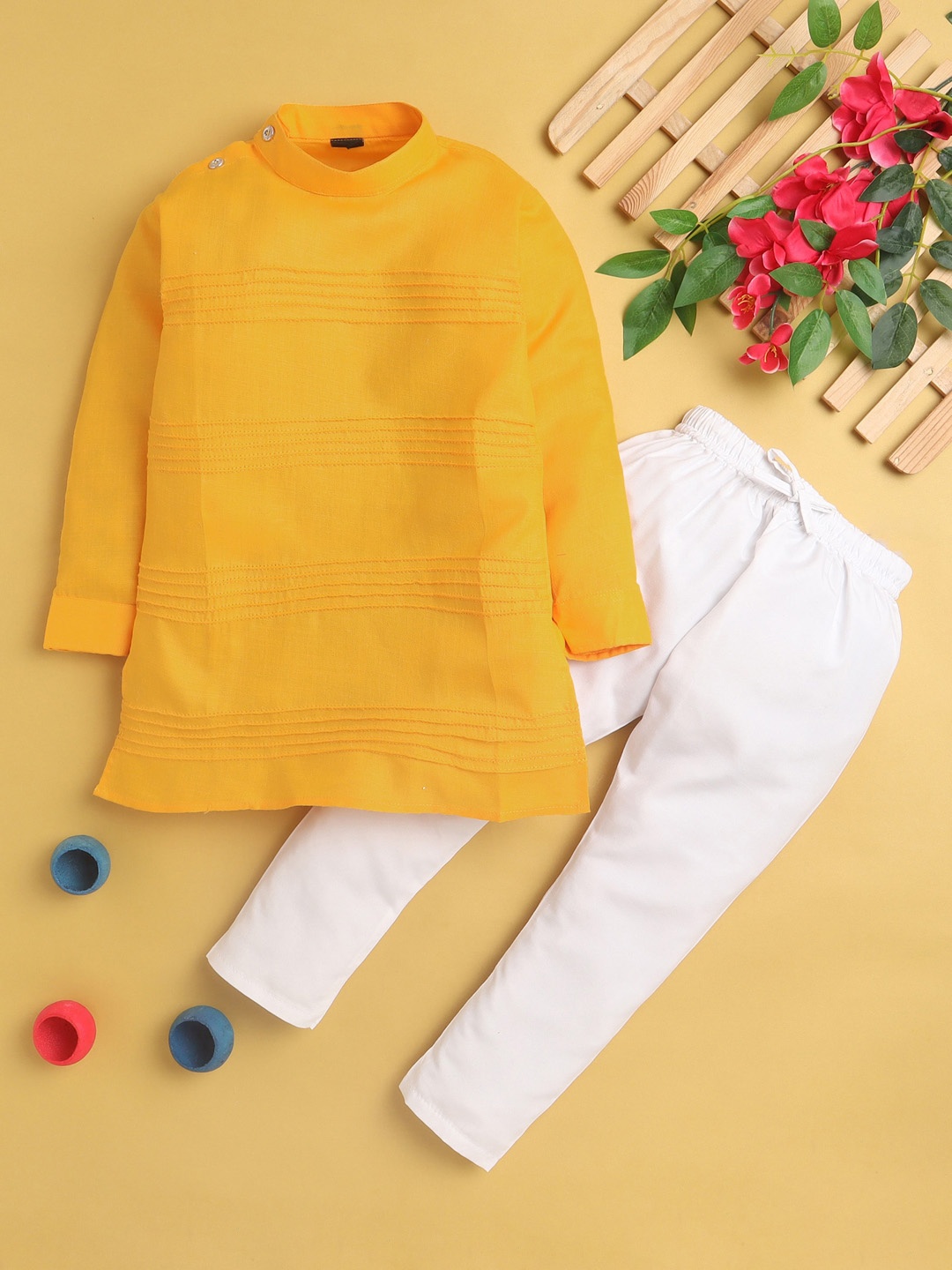 

BAESD Boys Band Collar Straight Kurta with Pyjamas, Yellow
