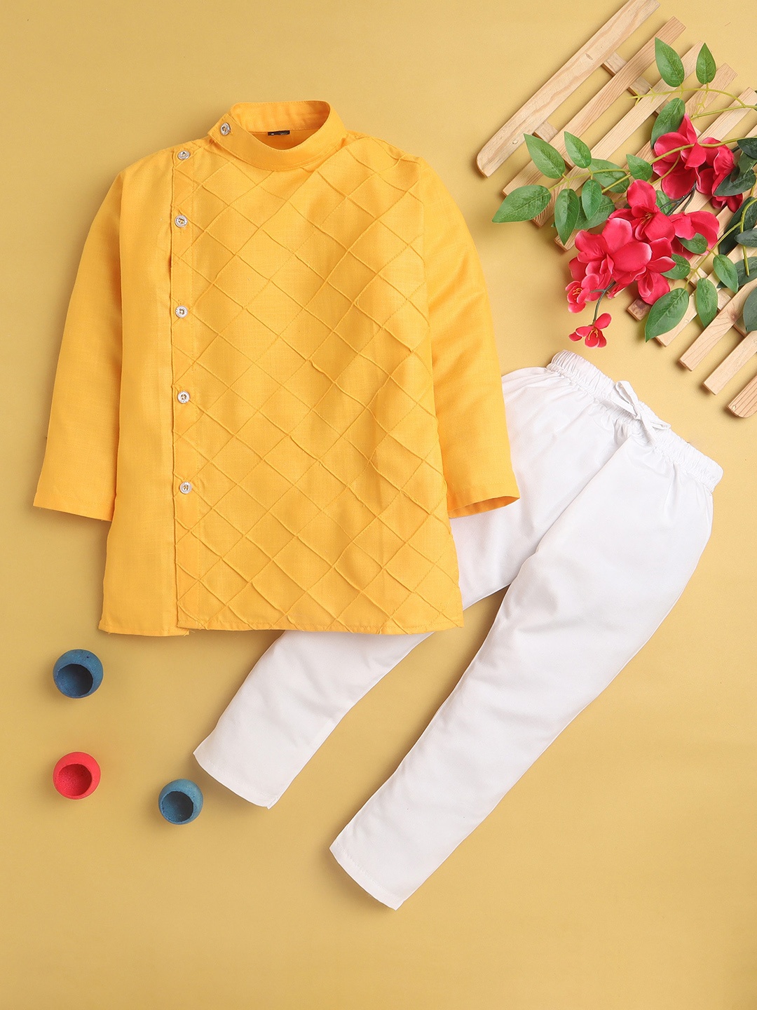 

BAESD Boys Band Collar Straight Kurta with Pyjamas, Yellow