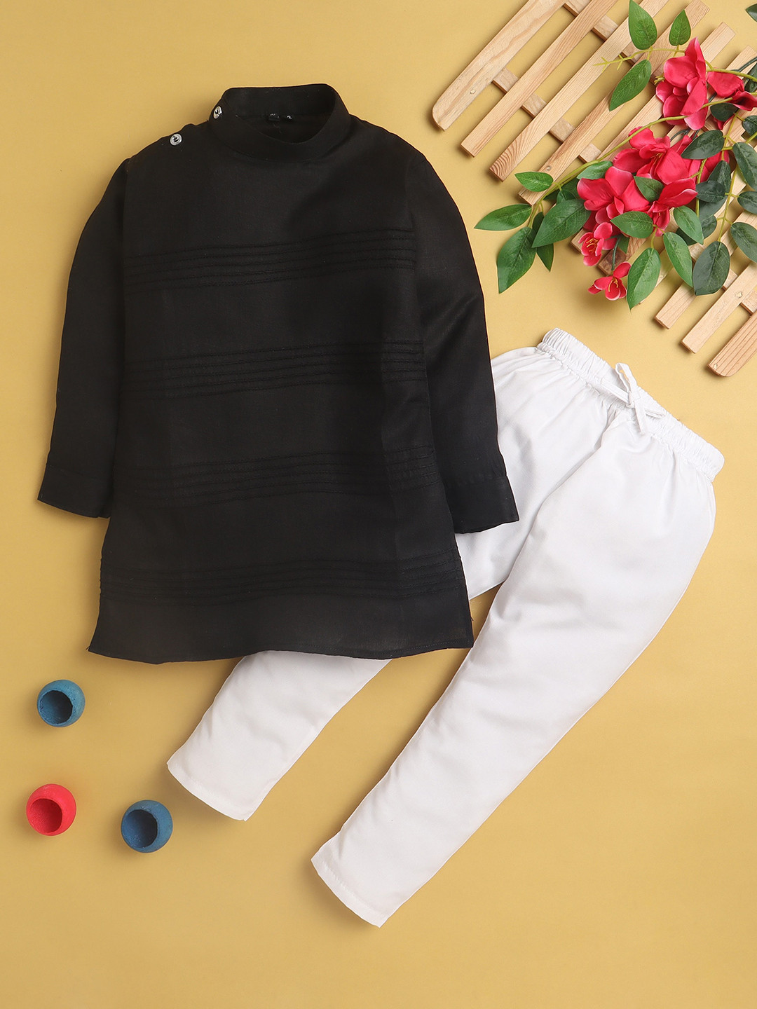

BAESD Boys Striped Regular Silk Cotton Kurta With Pyjamas, Black