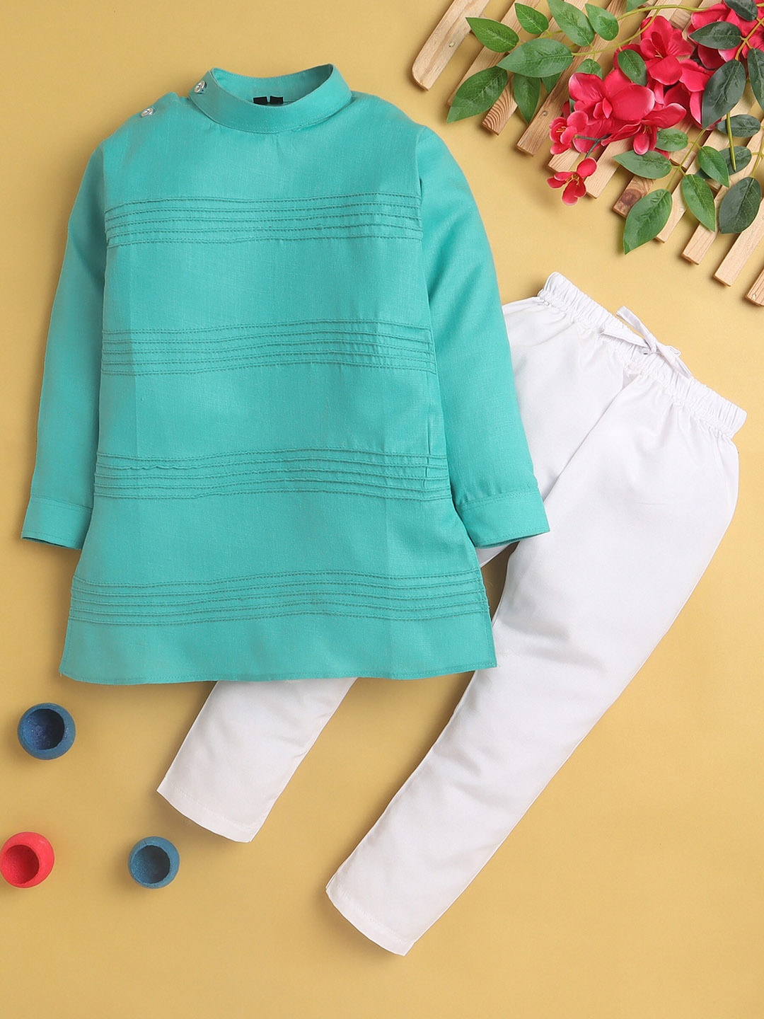 

BAESD Boys Pin Tucks Mandarin Collar Cotton Silk Straight Kurta With Pyjamas, Turquoise blue