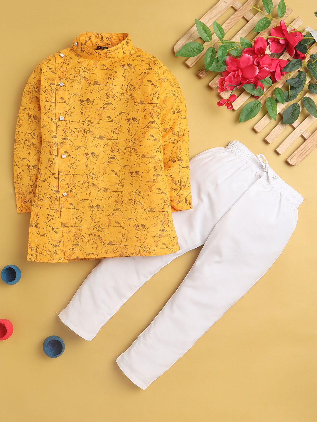 

BAESD Boys Abstract Printed A-Line Kurta With Pyjamas, Yellow