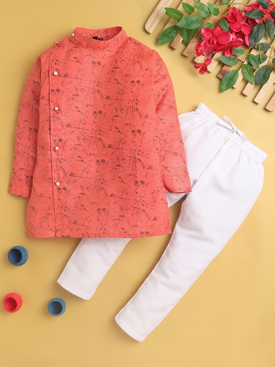 

BAESD Boys Printed Band Collar Pure Cotton Straight Kurta With Pyjamas, Red