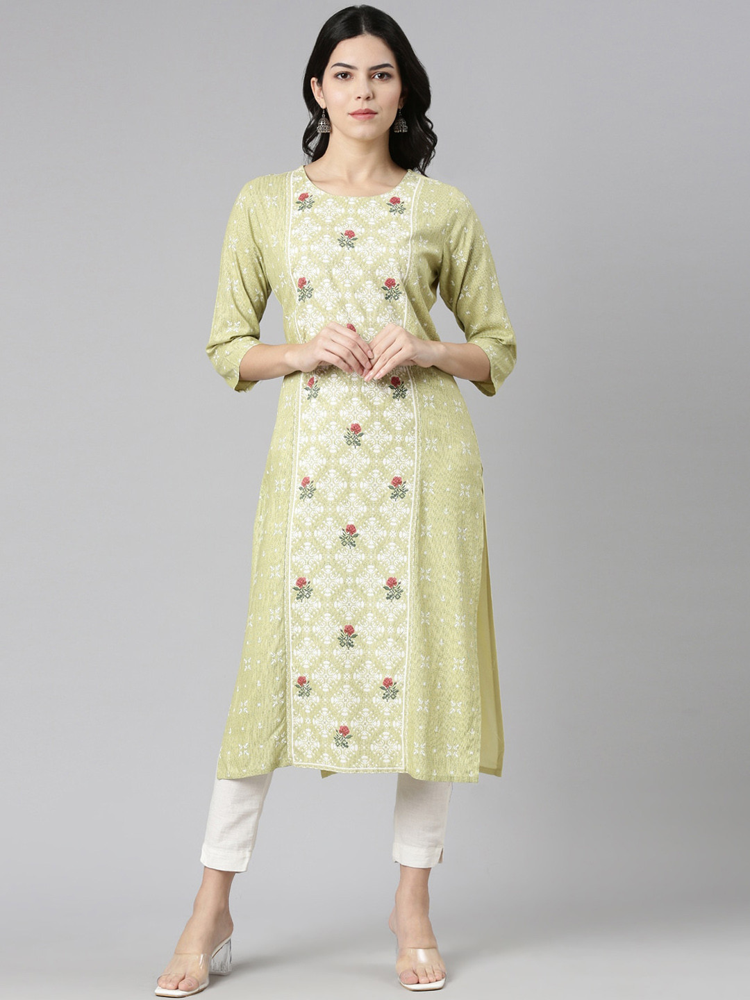 

Neerus Ethnic Motif Printed Round Neck Panelled Straight Kurta, Green