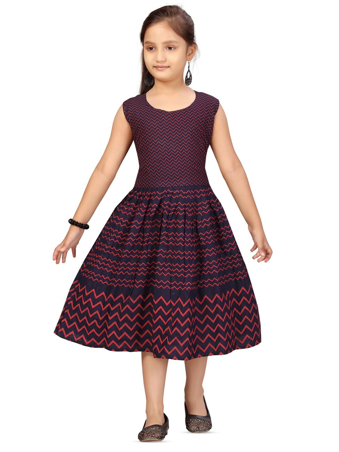 

BAESD Chevron Printed Round Neck Sleeveless Cotton Fit & Flare Midi Dress, Blue