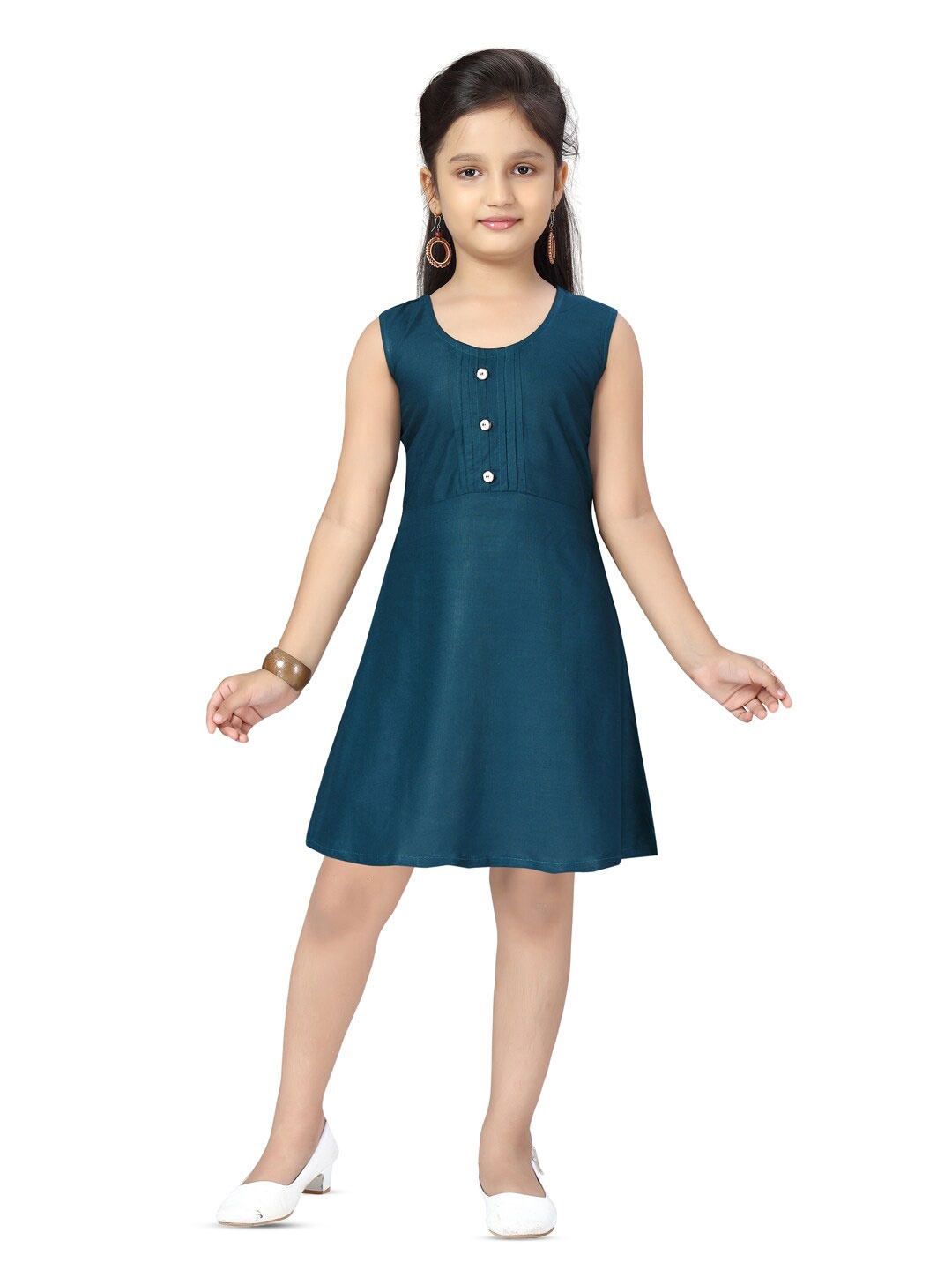 

BAESD Girls Round Neck Pleated Cotton A-Line Dress, Green
