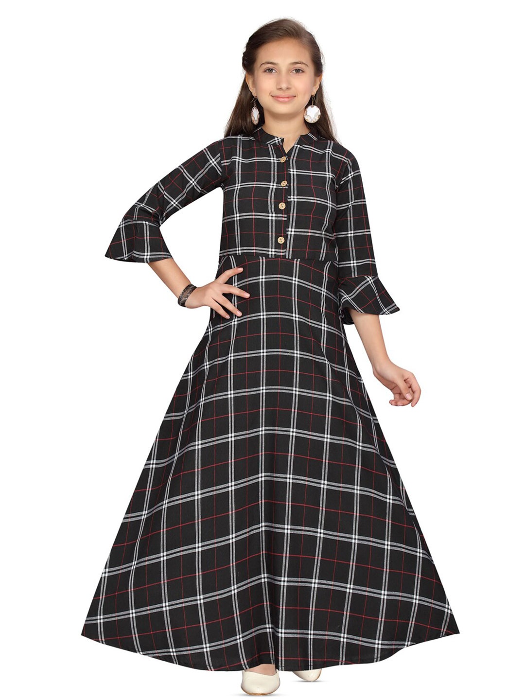 

BAESD Girls Checked Mandarin Collar Bell Sleeve Cotton Maxi Dress, Black
