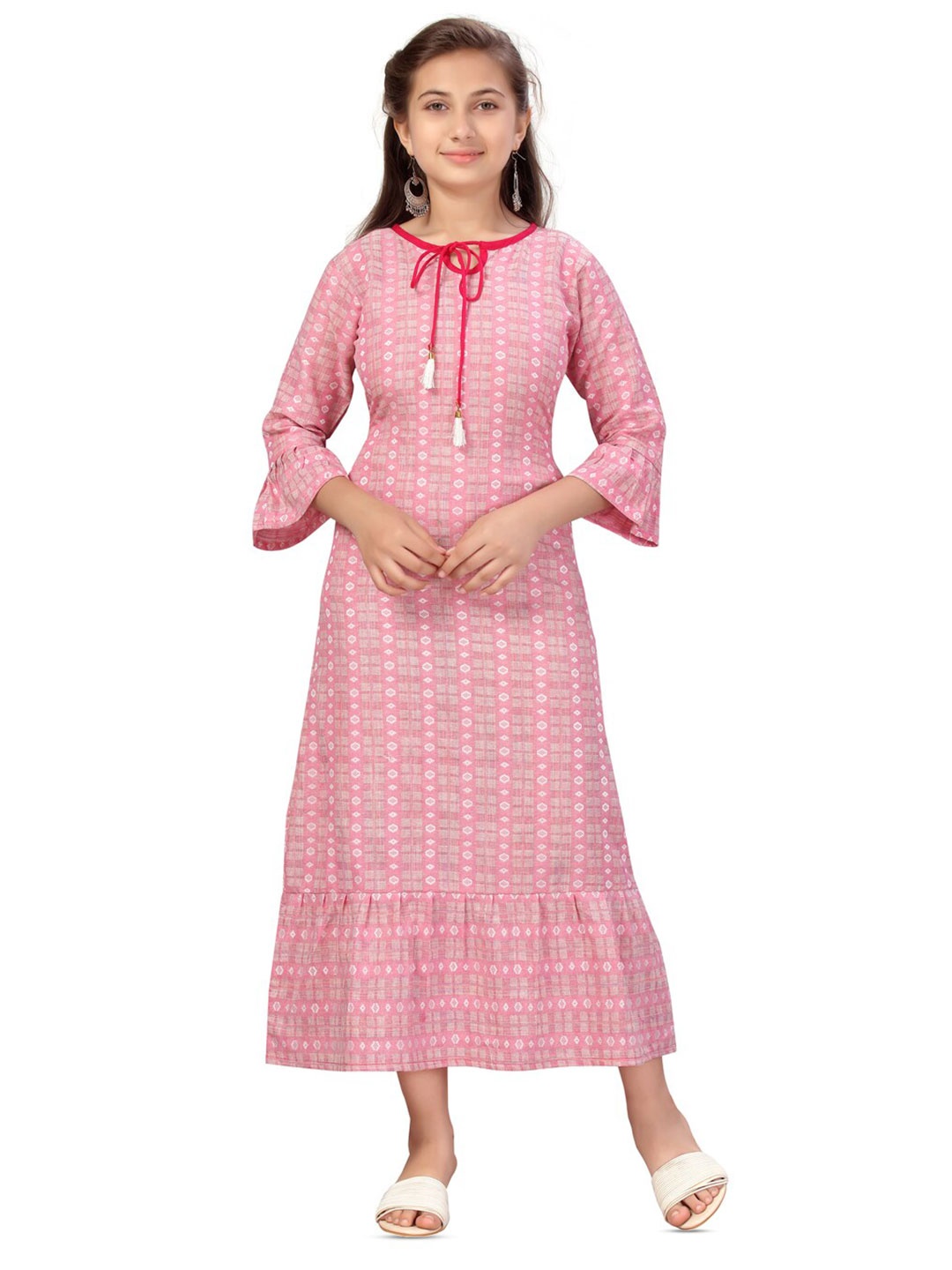 

BAESD Girls Geometric Printed Tie-Up Neck Bell Sleeve Cotton A-Line Dress, Pink