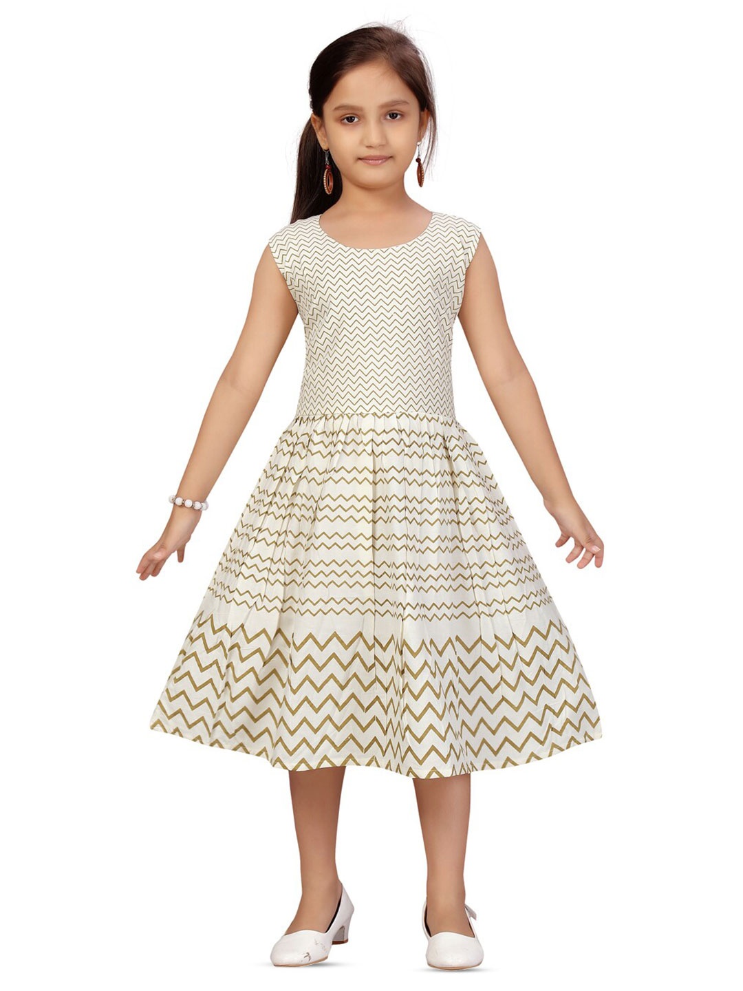 

BAESD Girls Geometric Print Cotton Fit & Flare Midi Dress, Cream