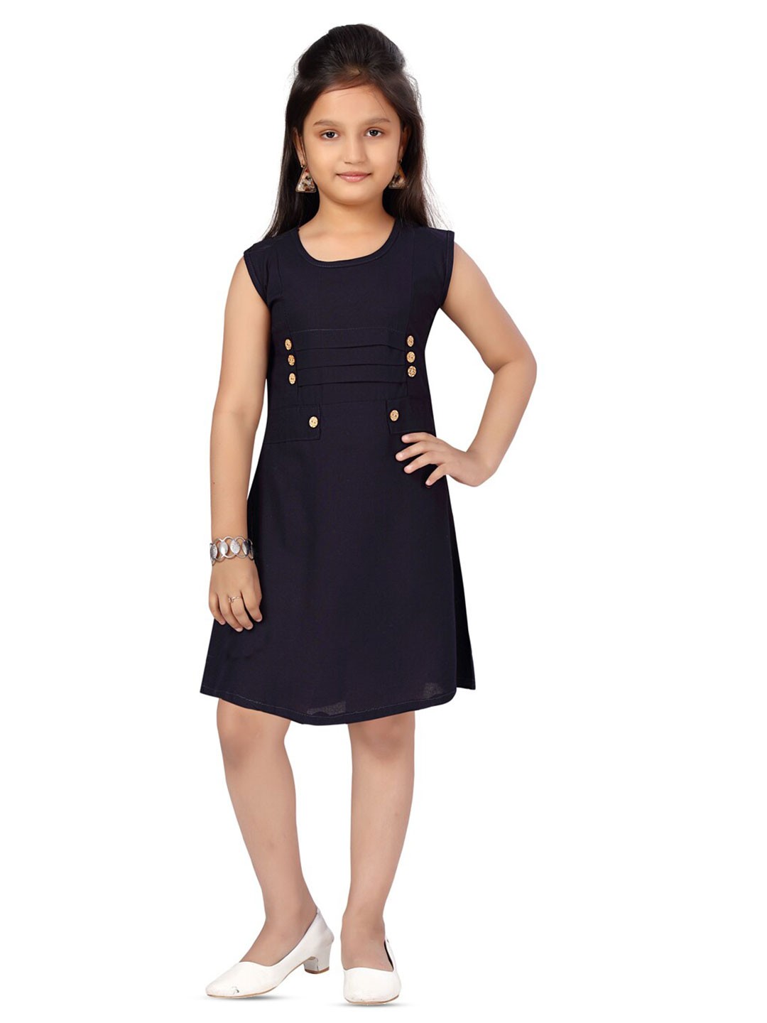

BAESD Girls Round Neck Cotton A-Line Dress, Navy blue