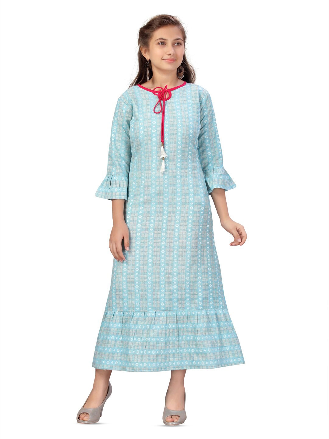 

BAESD Girls Woven Design Bell Sleeve Cotton A-Line Midi Dress, Turquoise blue