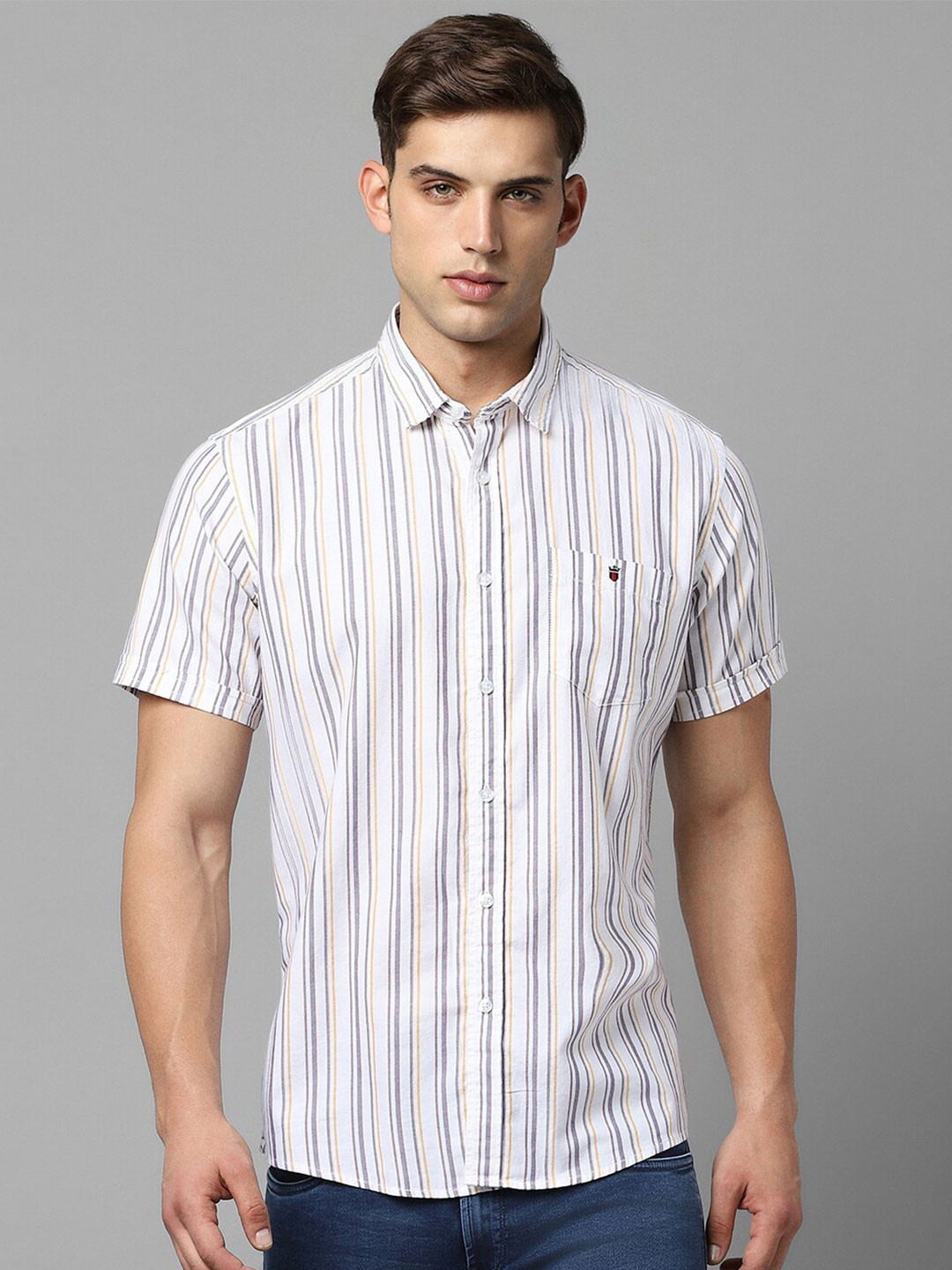 

Louis Philippe Jeans Slim Fit Opaque Striped Short Sleeves Pure Cotton Casual Shirt, White