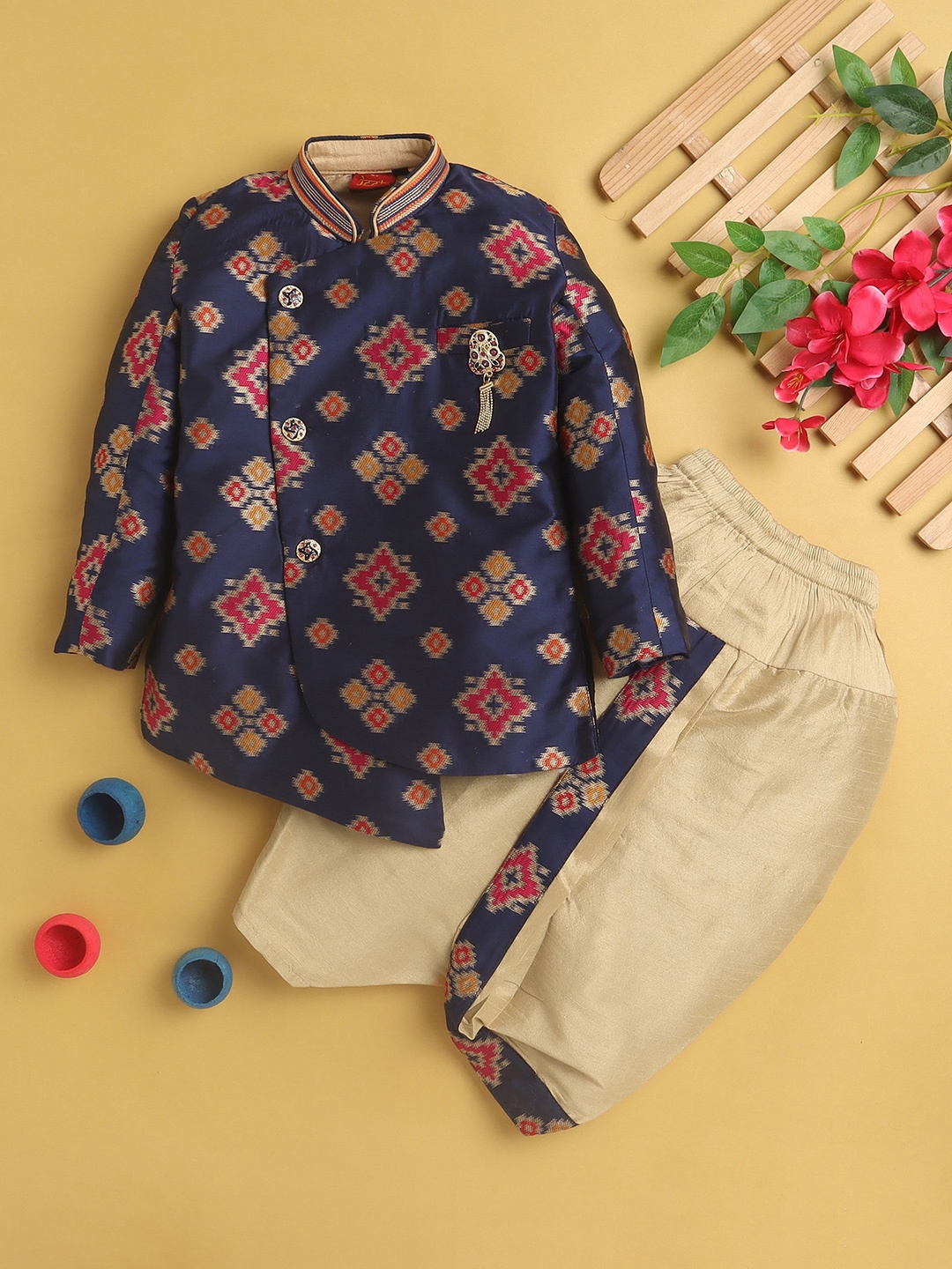 

BAESD Boys Ethnic Motifs Woven Design Silk Cotton Kurta With Dhoti Pants, Blue