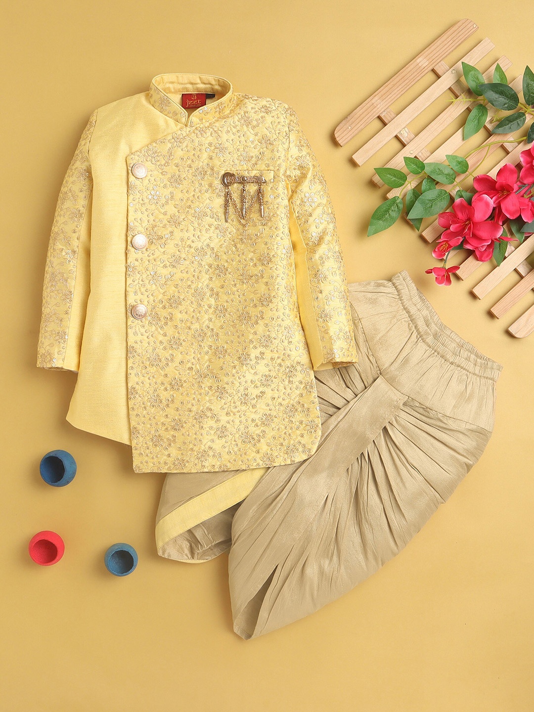 

BAESD Boys Floral Embroidered Sequined Kurta with Dhoti Pants, Yellow
