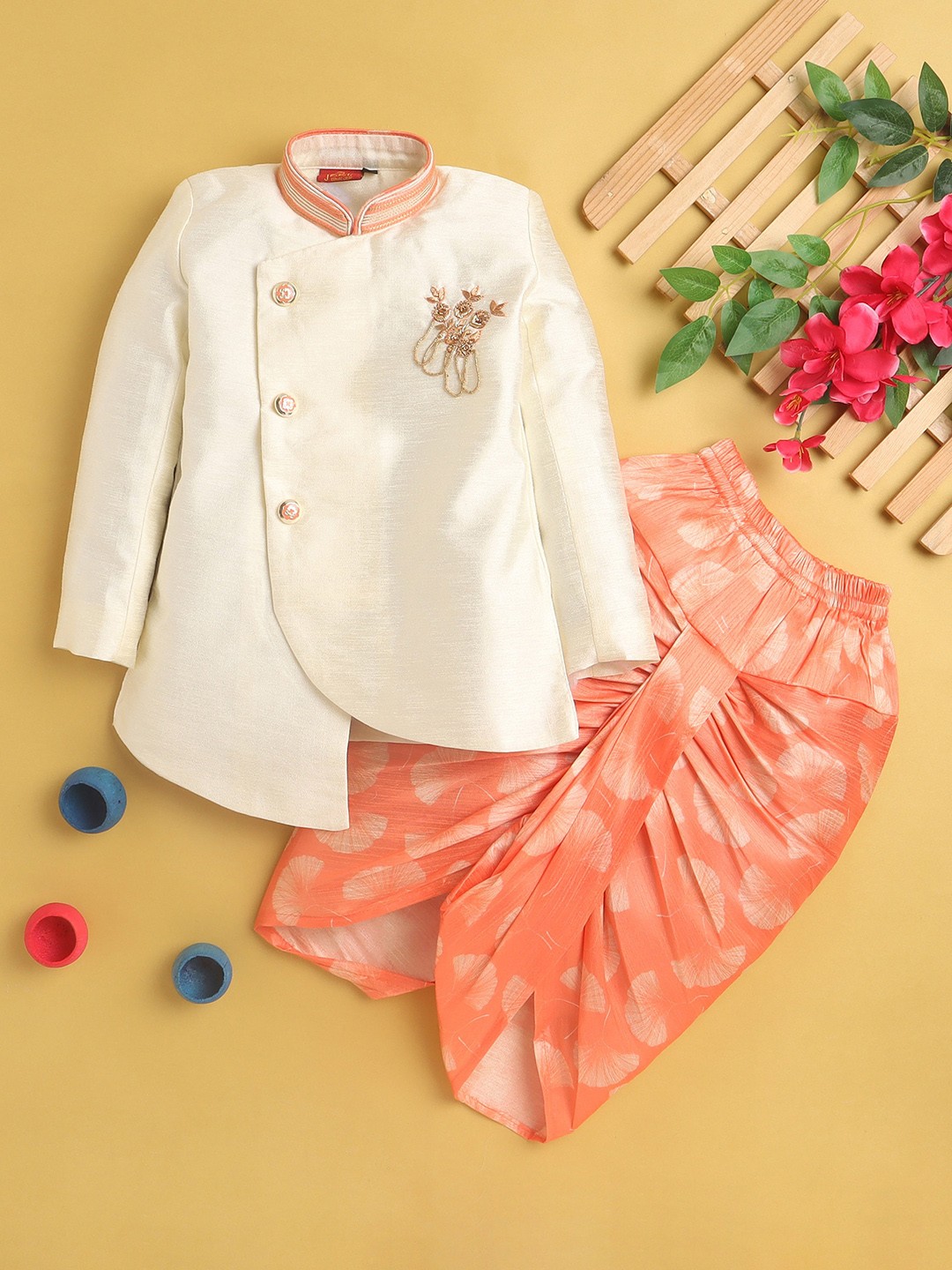 

BAESD Boys Mandarin Collar Silk Cotton Straight Kurta With Dhoti Pants, Orange