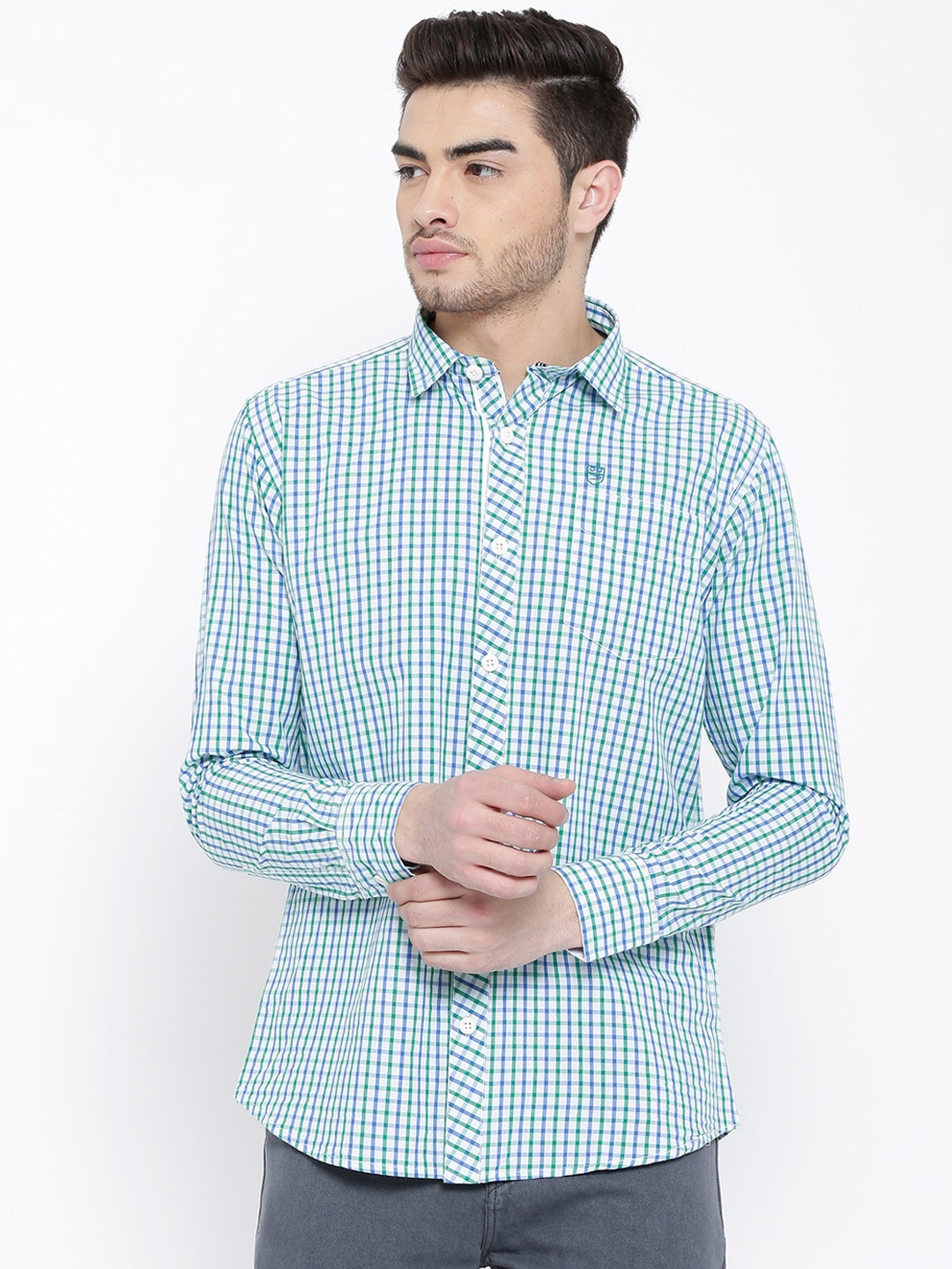 

Duke Men Green & White Regular Fit Checked Casual Shirt