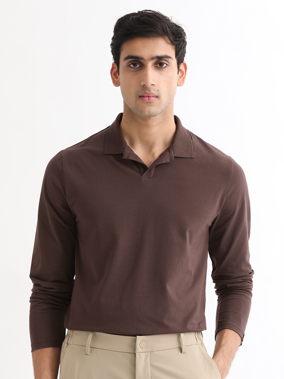 

RARE RABBIT Men Rings-4 Slim Fit Solid Polo Collar T-Shirt, Brown
