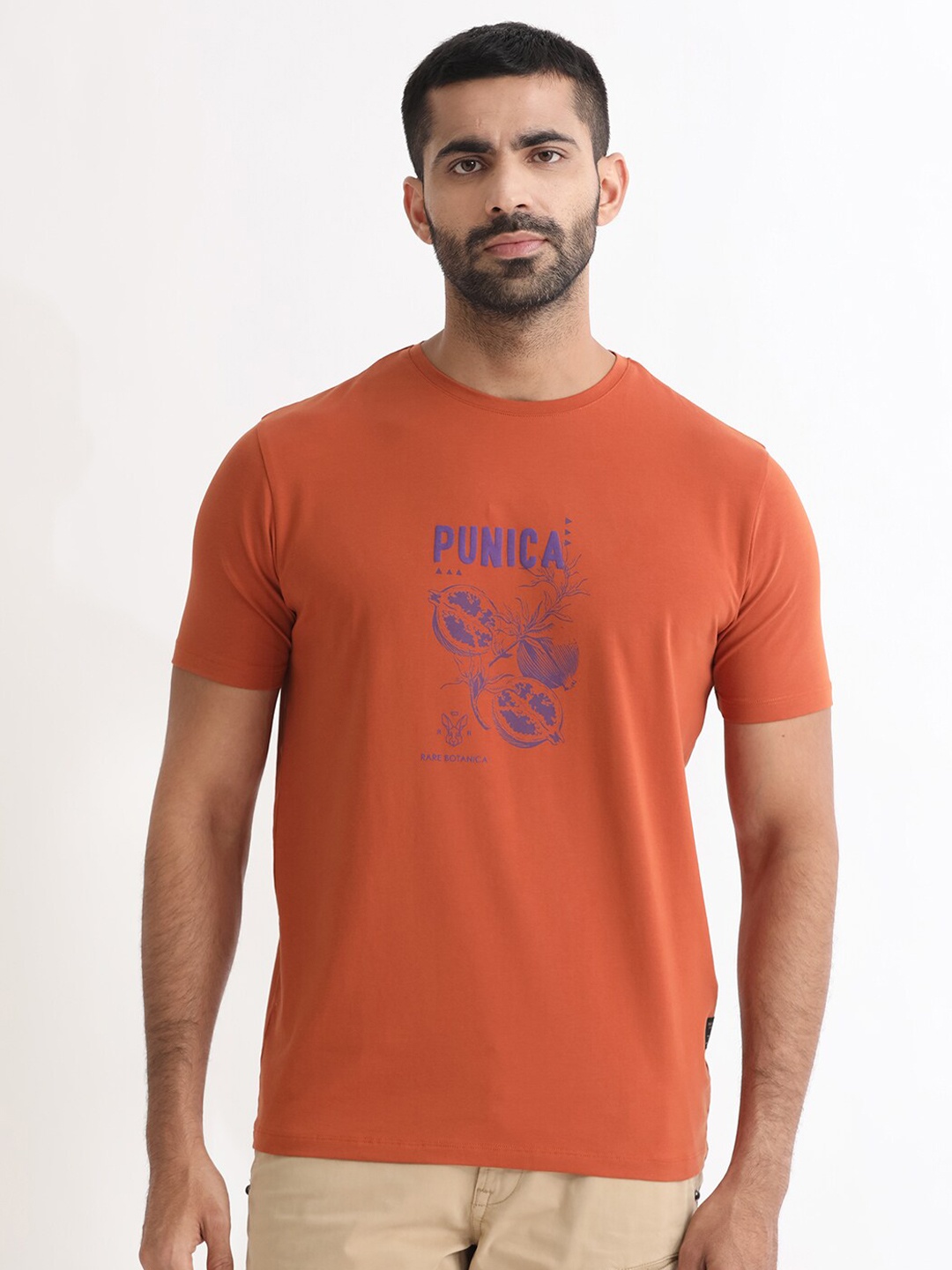 

RARE RABBIT Men Quet Graphic Printed Slim Fit Cotton T-Shirt, Rust