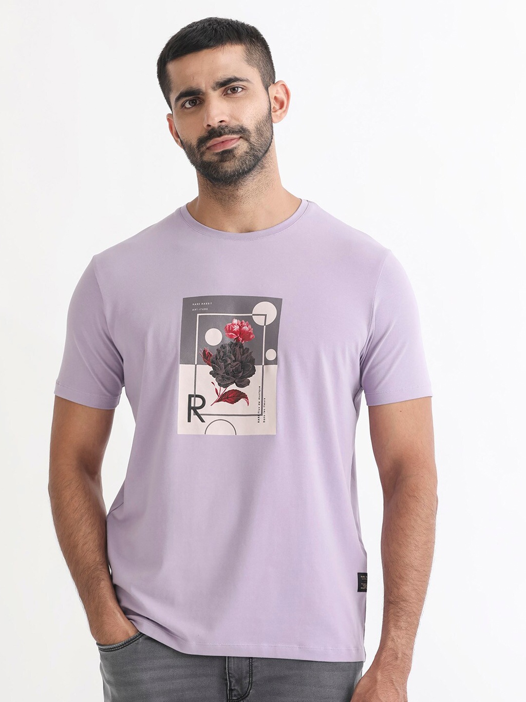 

RARE RABBIT Men Dryden Graphic Printed Slim Fit Cotton T-Shirt, Purple