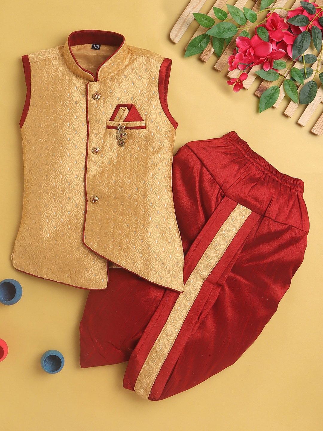 

BAESD Boys Geometric Woven Design Silk Cotton Straight Kurta With Dhoti Pants, Beige