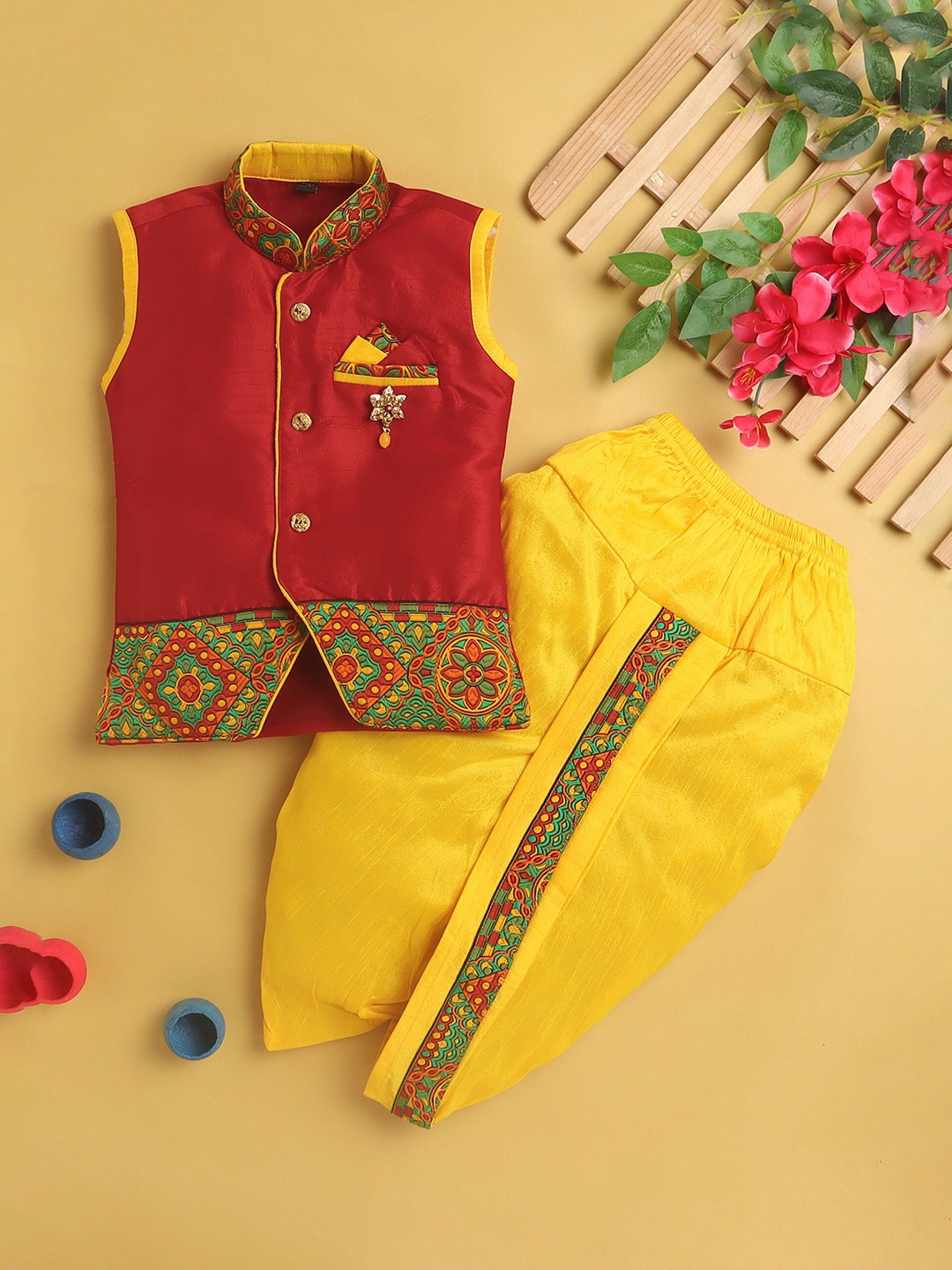 

BAESD Boys Ethnic Motifs Woven Design Silk Cotton Straight Kurta With Dhoti Pants, Red