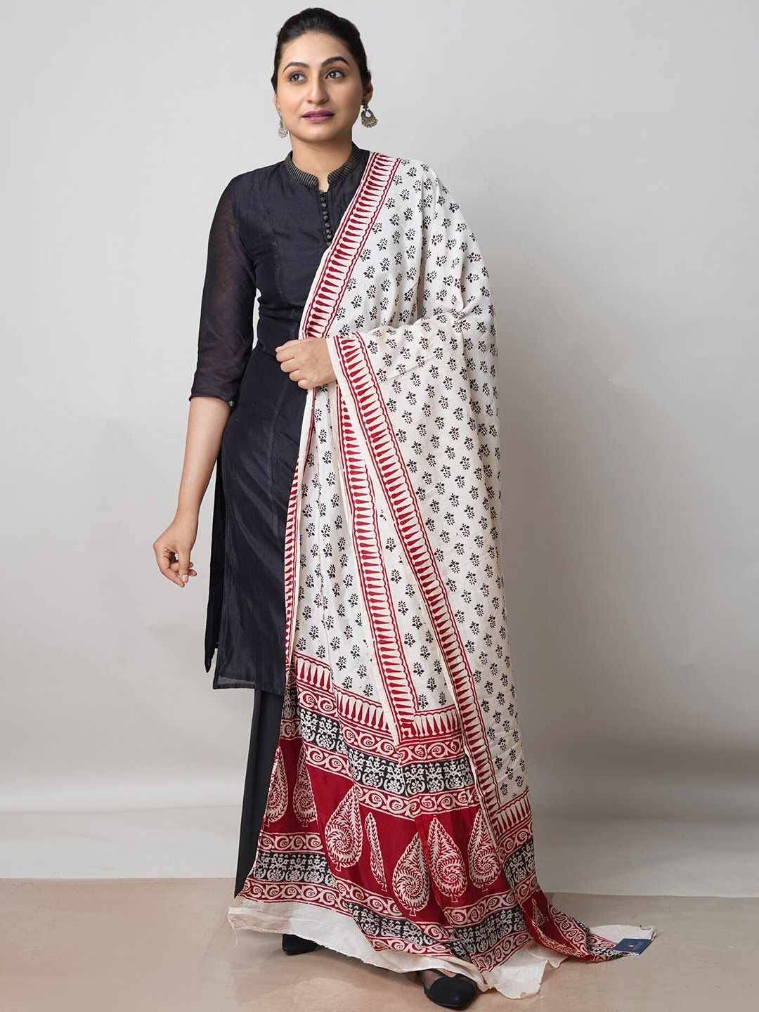 

Unnati Silks Ethnic Motifs Printed Chanderi Silk Dupatta, White