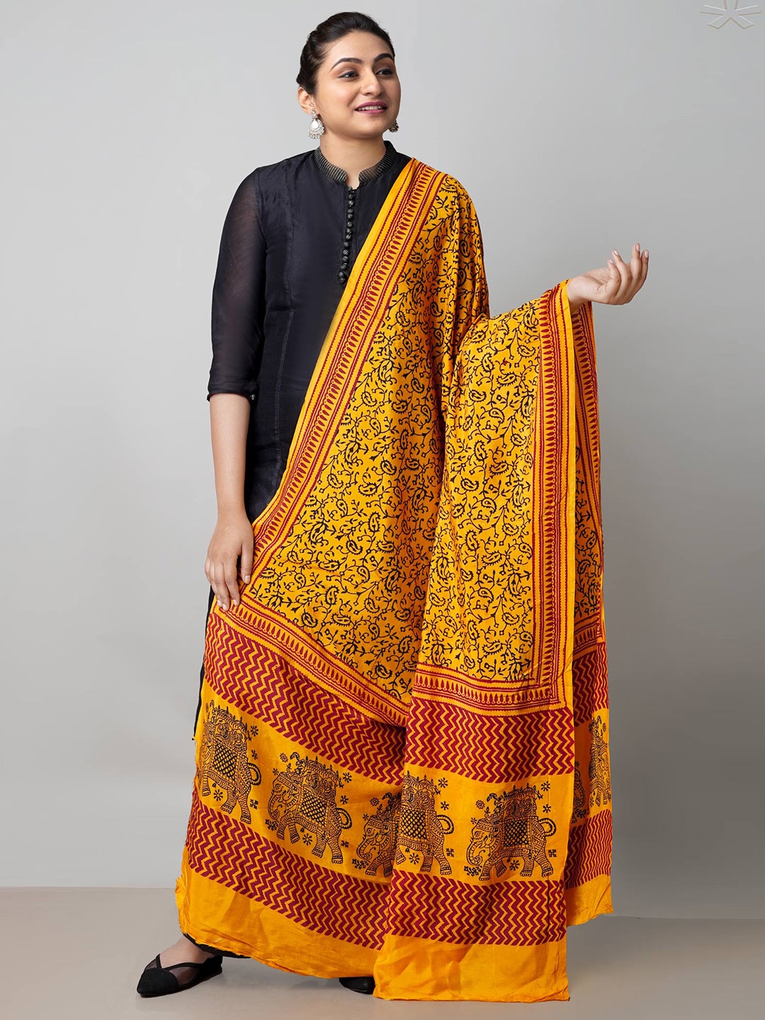 

Unnati Silks Ethnic Motifs Printed Chanderi Silk Dupatta, Yellow