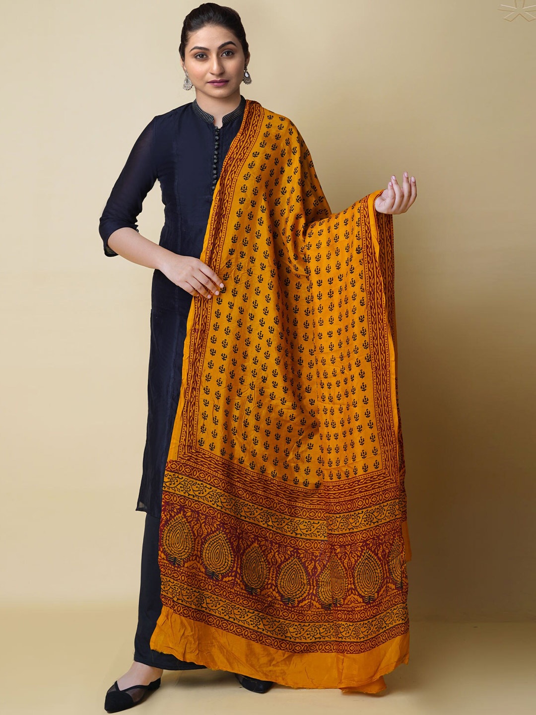 

Unnati Silks Ethnic Motifs Printed Chanderi Silk Dupatta, Yellow