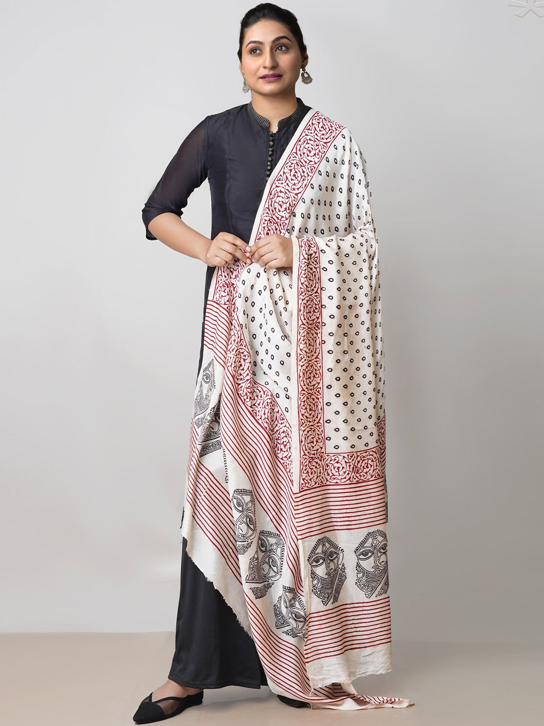 

Unnati Silks Ethnic Motifs Printed Chanderi Silk Dupatta, White