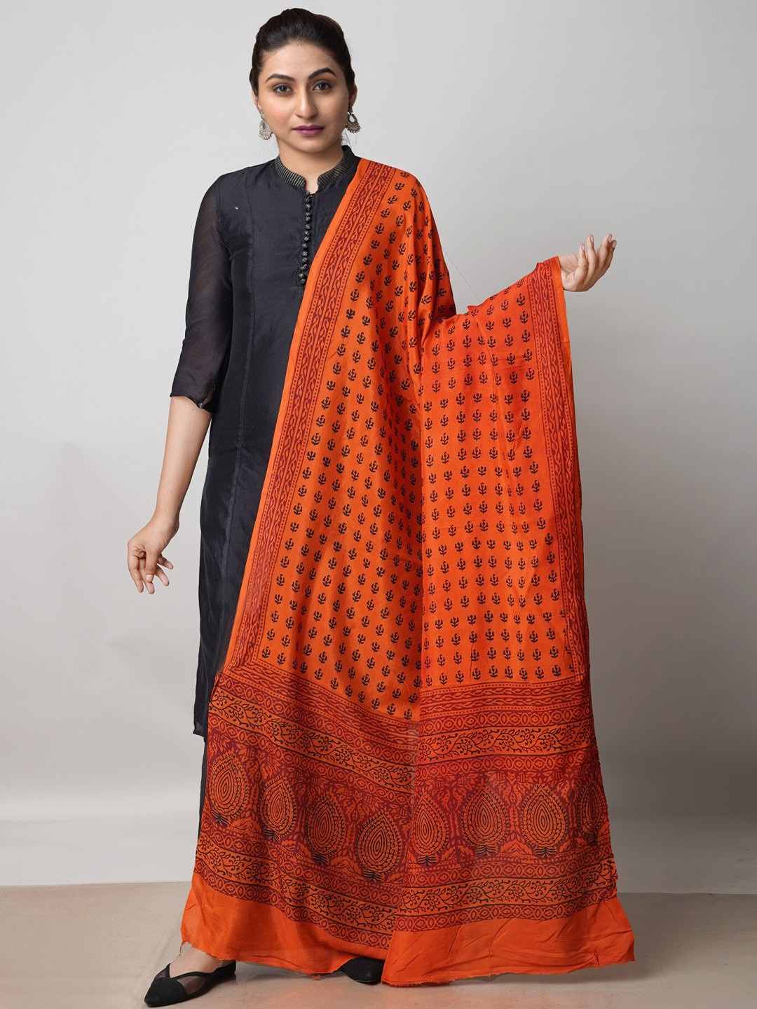 

Unnati Silks Ethnic Motifs Printed Chanderi Silk Dupatta, Orange