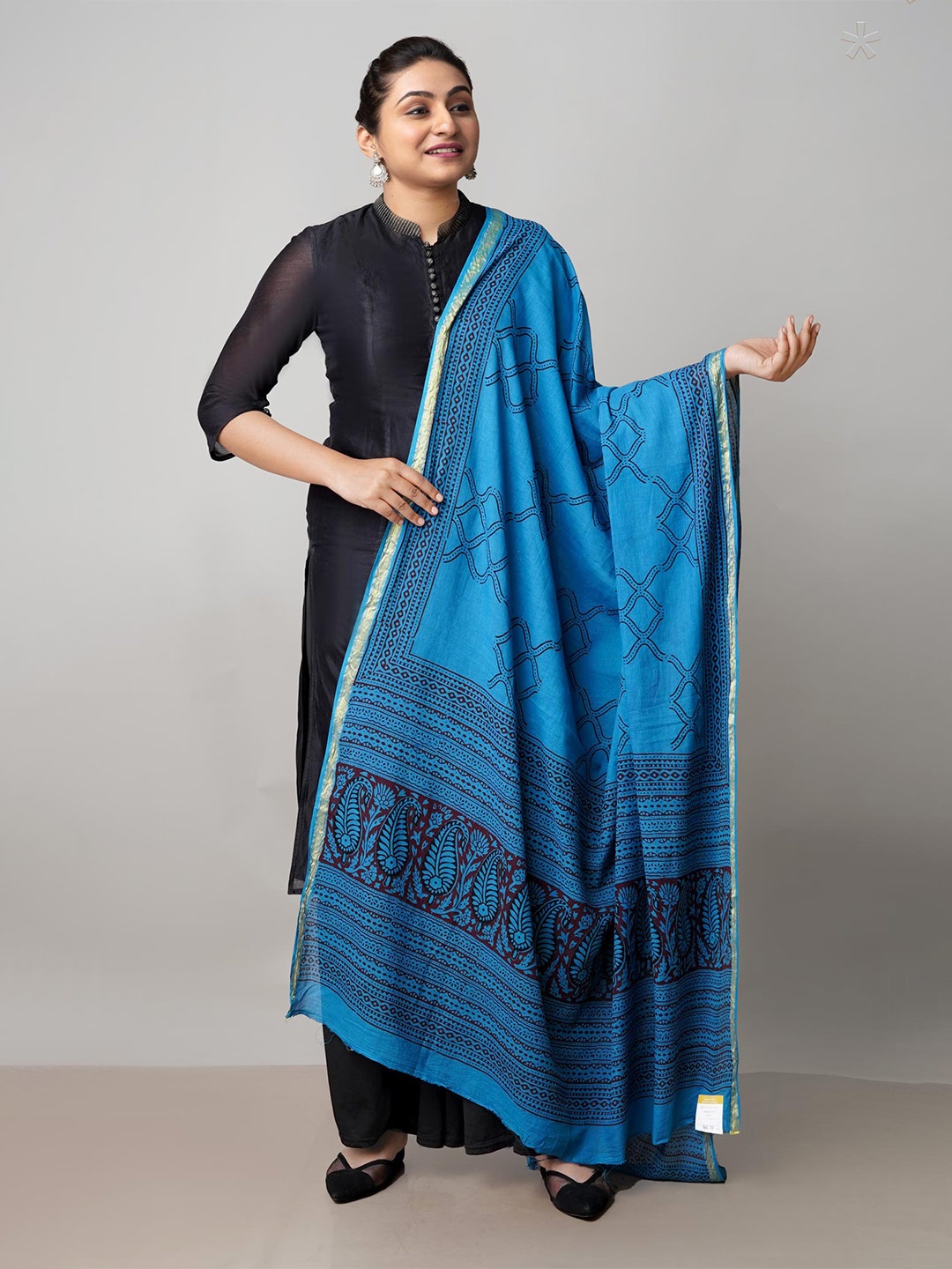 

Unnati Silks Ethnic Motifs Printed Pure Cotton Dupatta, Blue