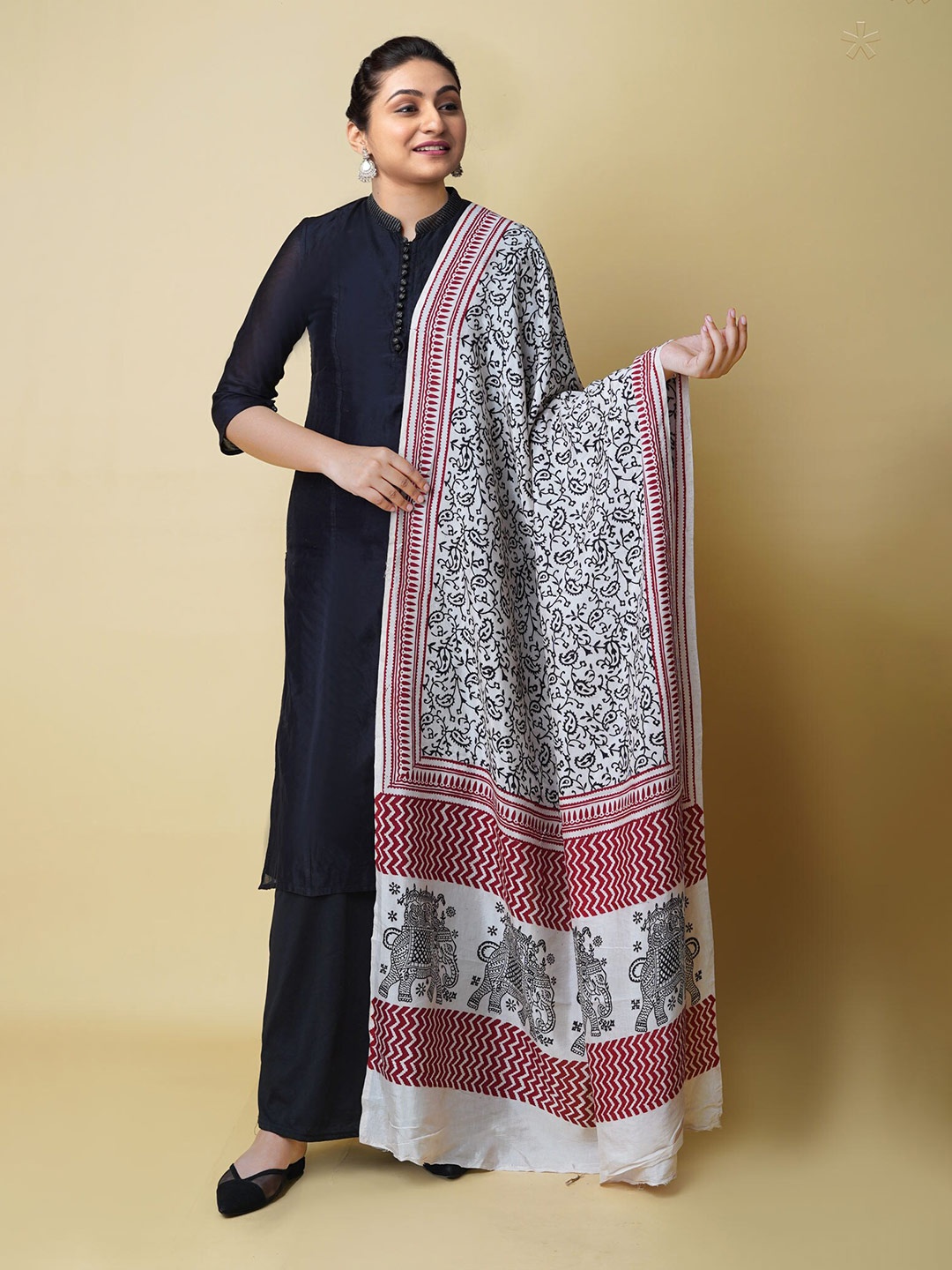 

Unnati Silks Ethnic Motifs Printed Chanderi Silk Dupatta, White