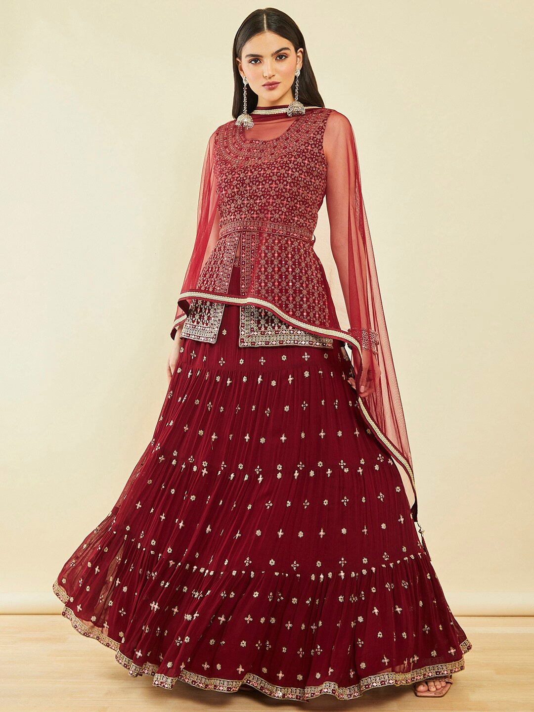 

Soch Maroon Ethnic Motif Embroidered Ready to Wear Lehenga & Blouse With Dupatta